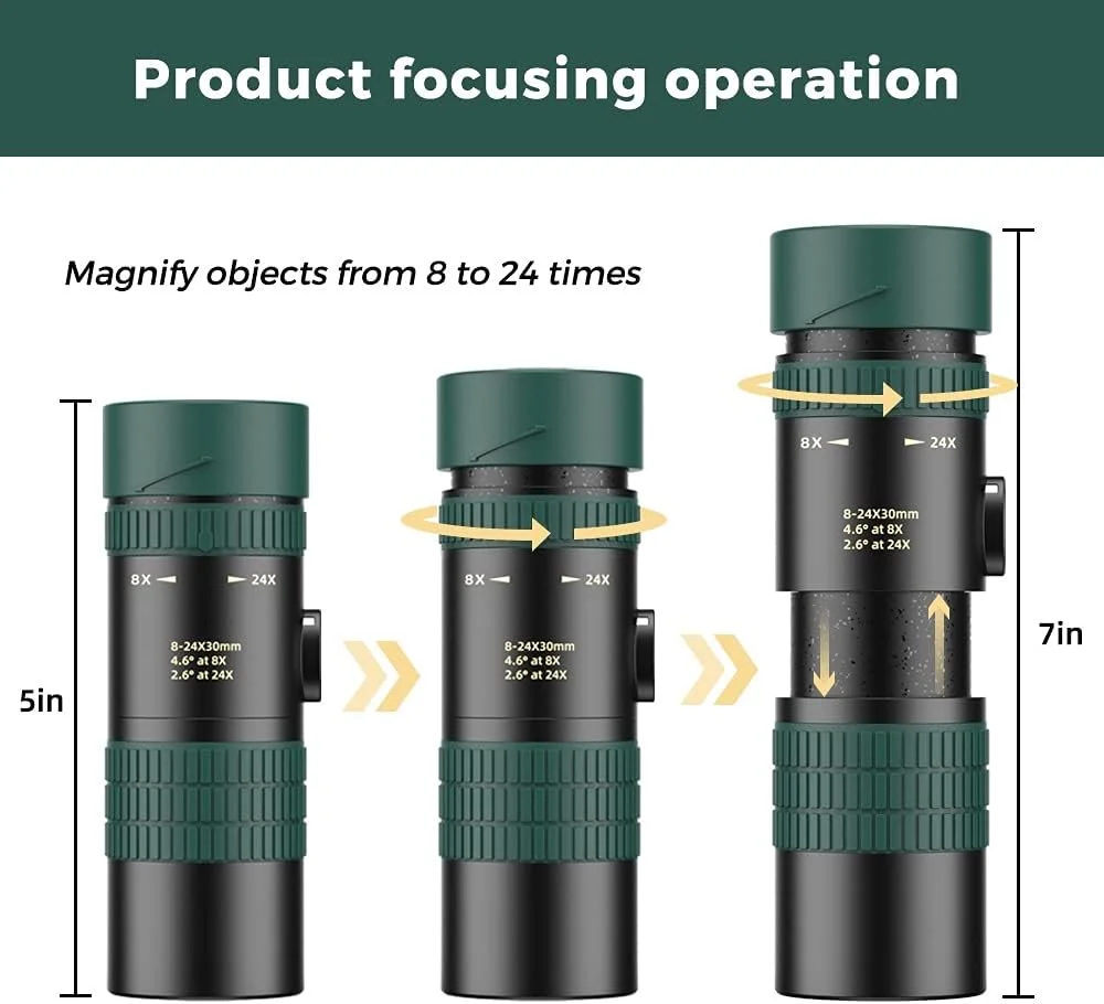 تلسکوپ تک چشمی زوم HD 8-24x30 با برد بلند و تاشو مناسب گوشی های هوشمند و کمپینگ (اندازه: فقط تک چشمی)