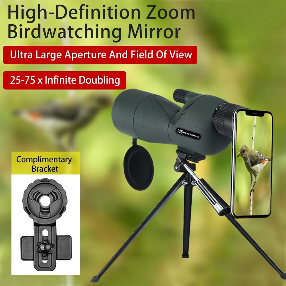 تلسکوپ پرنده نگری 25-75x60، زوم تک چشمی، عدسی چشمی BAK4، ضد آب، با آداپتور تلفن سه پایه، برای پرنده نگری و مشاهده حیات وحش