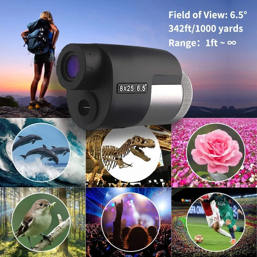 تلسکوپ تک چشمی 8x25 با کیفیت بالا، فوکوس نزدیک 30 سانتی متر، لنزهای اپتیکی چند لایه BAK4، تک چشمی دید گسترده برای تماشای پرندگان، مسافرت و رویدادهای ورزشی