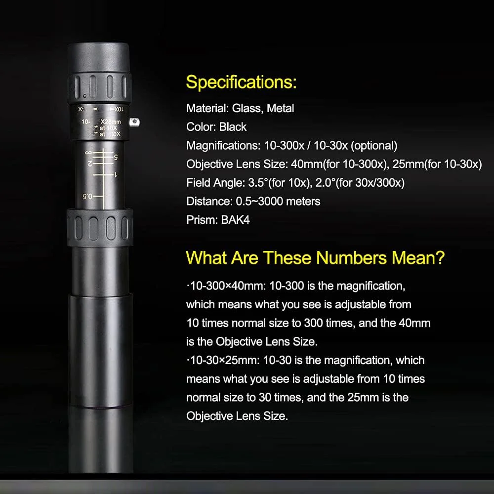 تلسکوپ تک چشمی زوم 40×300-10 با وضوح بالا، منشور BAK4، تلسکوپ جمع شونده به همراه پایه نگهدارنده گوشی، بند گردنی و کیف حمل برای مسافرت، تماشای پرندگان و کنسرت