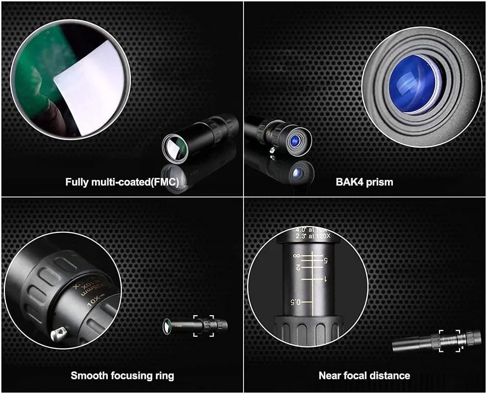 تلسکوپ تک چشمی زوم 40×300-10 با وضوح بالا، منشور BAK4، تلسکوپ جمع شونده به همراه پایه نگهدارنده گوشی، بند گردنی و کیف حمل برای مسافرت، تماشای پرندگان و کنسرت