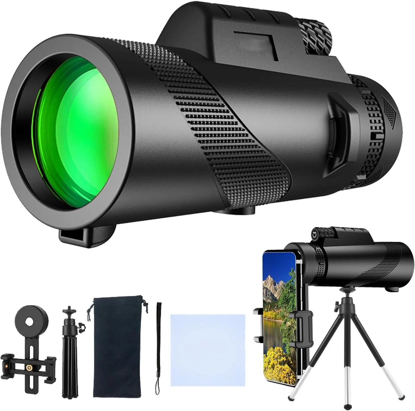 تلسکوپ تک چشمی 80x100 با قدرت بالا برای بزرگسالان به همراه سه پایه، مناسب برای تماشای پرندگان، دید وسیع تر، شکار، حیات وحش، مسافرت، کمپینگ، پیاده روی (مشکی)