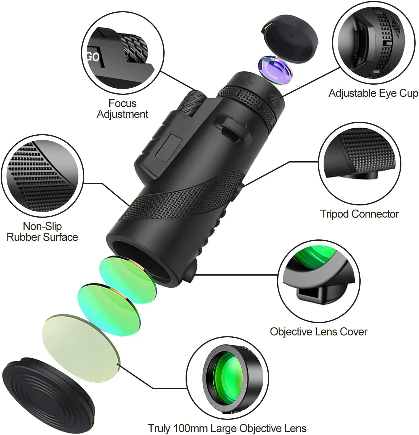تلسکوپ تک چشمی 80x100 با قدرت بالا برای بزرگسالان به همراه سه پایه، مناسب برای تماشای پرندگان، دید وسیع تر، شکار، حیات وحش، مسافرت، کمپینگ، پیاده روی (مشکی)