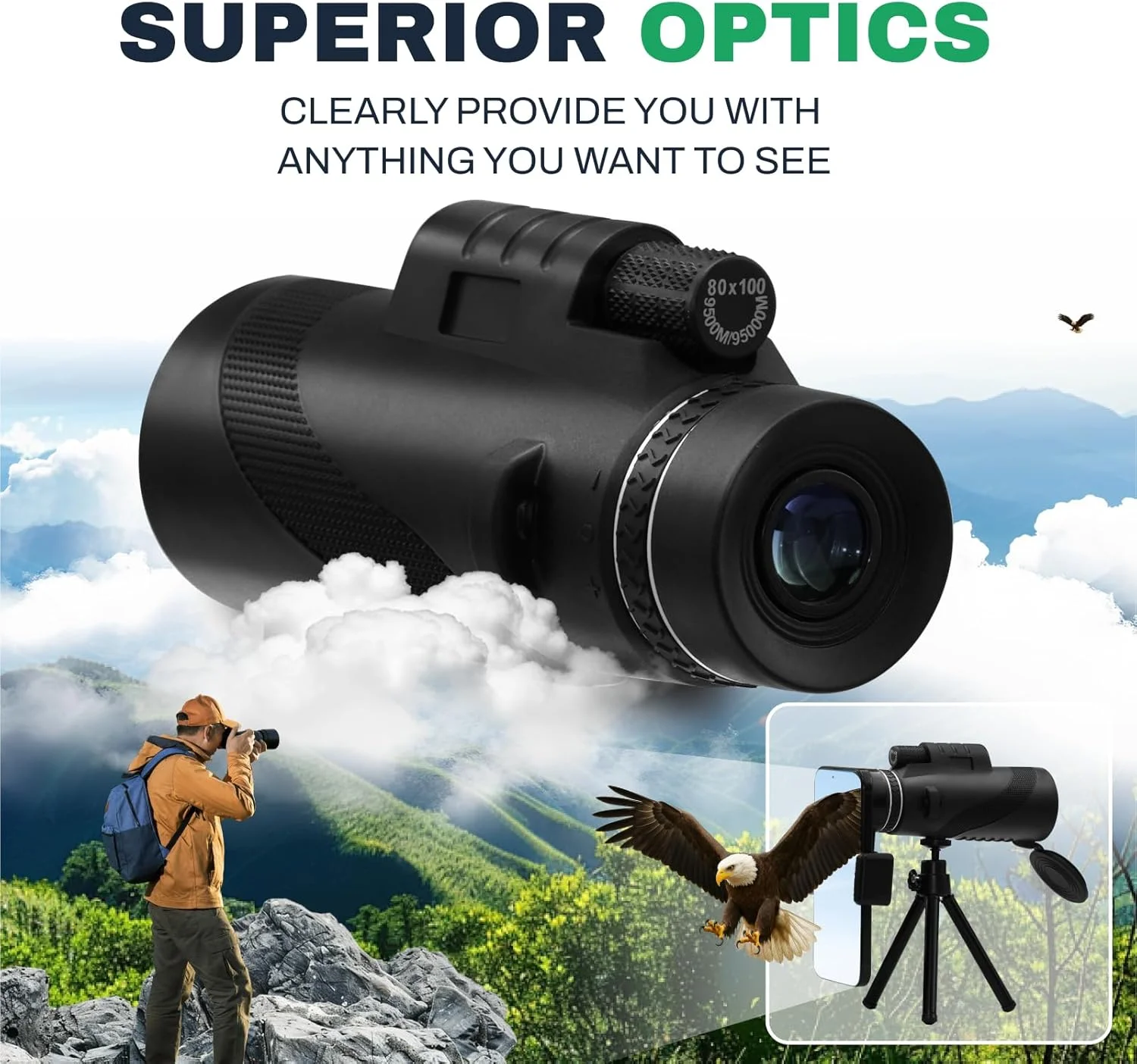 تلسکوپ تک چشمی 10x42 با قدرت بالا - ضد آب، ضد مه، ضد ضربه - ایده آل برای تماشای پرندگان، شکار، کمپینگ، پیاده روی و مشاهده حیات وحش