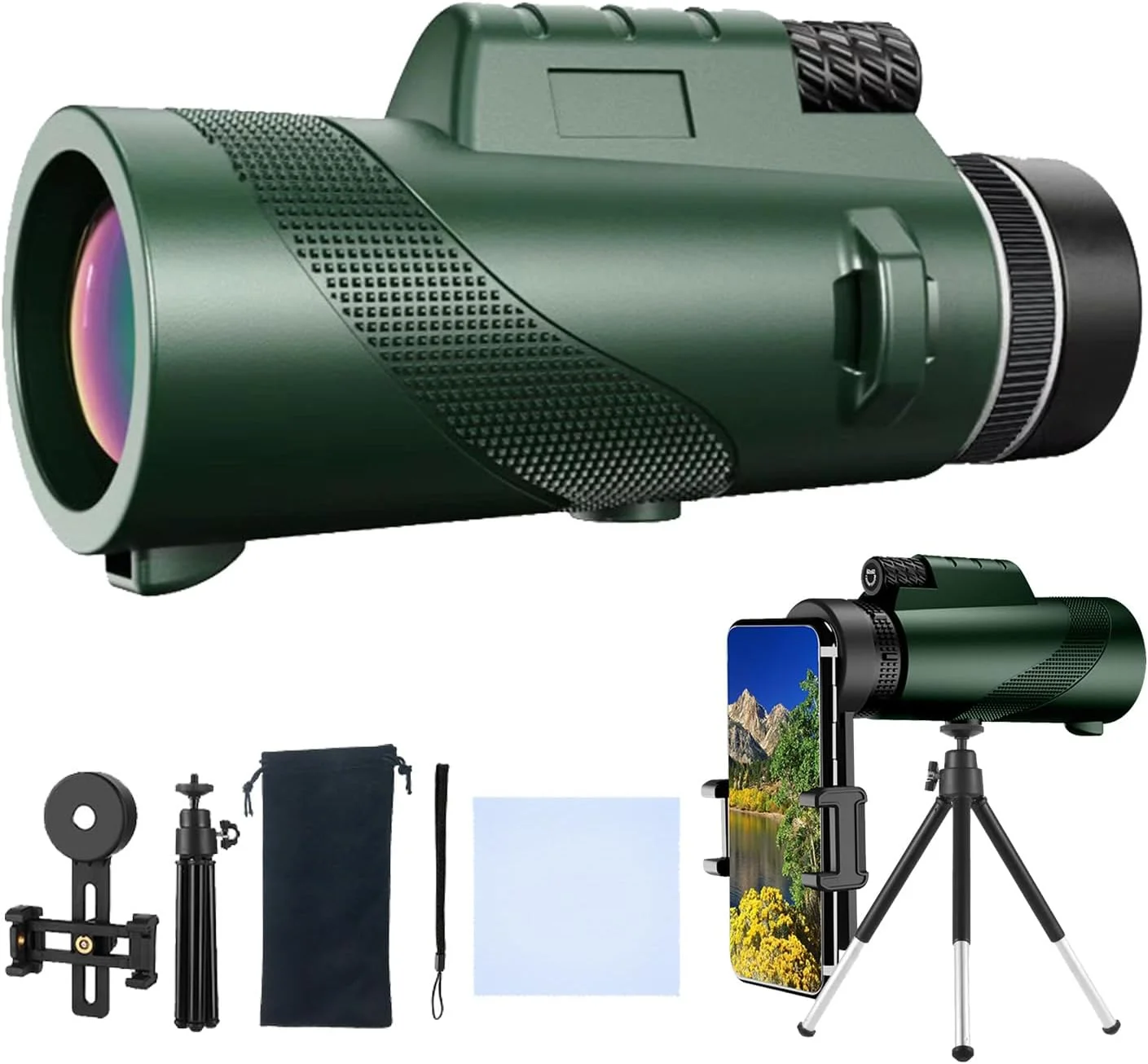 تلسکوپ تک چشمی 80x100 با قدرت بالا به همراه سه پایه، مناسب برای تماشای پرندگان، شکار، حیات وحش، مسافرت، کمپینگ و پیاده روی (سبز)