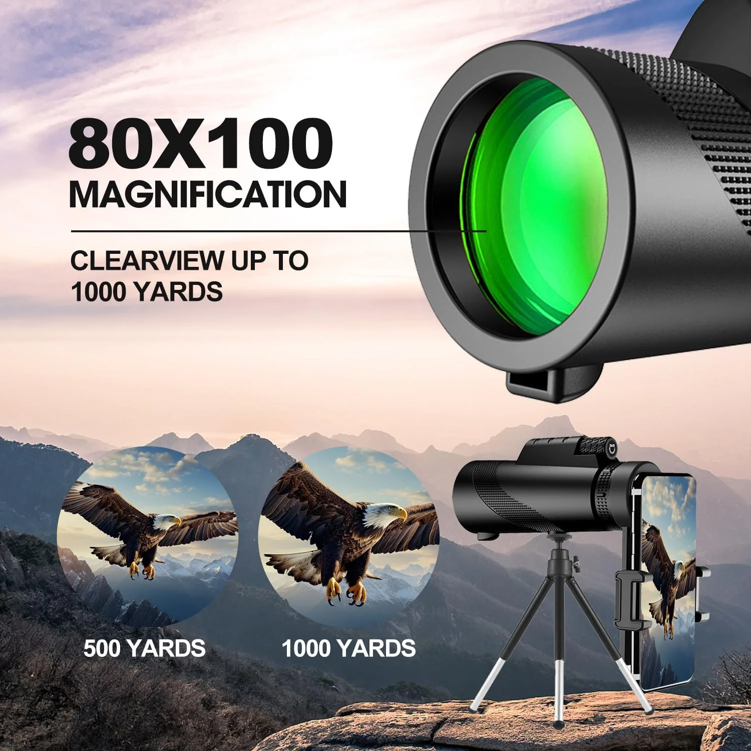 تلسکوپ تک چشمی 80x100 با قدرت بالا برای بزرگسالان به همراه سه پایه، مناسب برای تماشای پرندگان، دید وسیع تر، شکار، حیات وحش، مسافرت، کمپینگ، پیاده روی (مشکی)