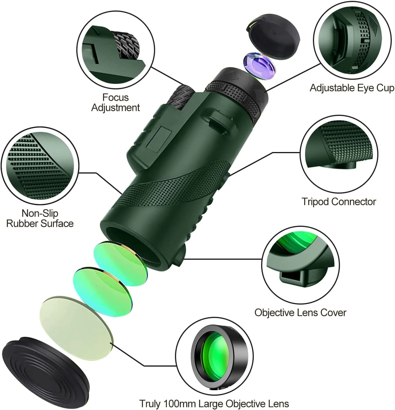 تلسکوپ تک چشمی 80x100 با قدرت بالا به همراه سه پایه، مناسب برای تماشای پرندگان، شکار، حیات وحش، مسافرت، کمپینگ و پیاده روی (سبز)