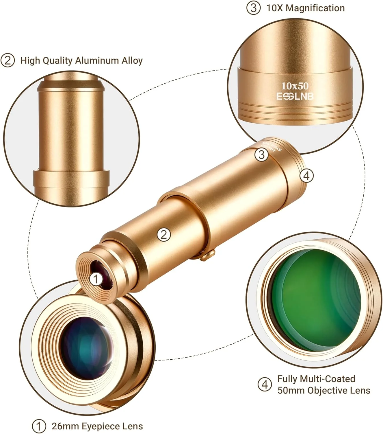 تلسکوپ تک چشمی دزد دریایی ESSLNB، تلسکوپ برنجی تاشو دستی 10x50 برای کودکان و بزرگسالان، تلسکوپ تک چشمی ضد آب قابل حمل و بزرگنمایی برای تماشای پرندگان، بازی ها، مسافرت و پیاده روی