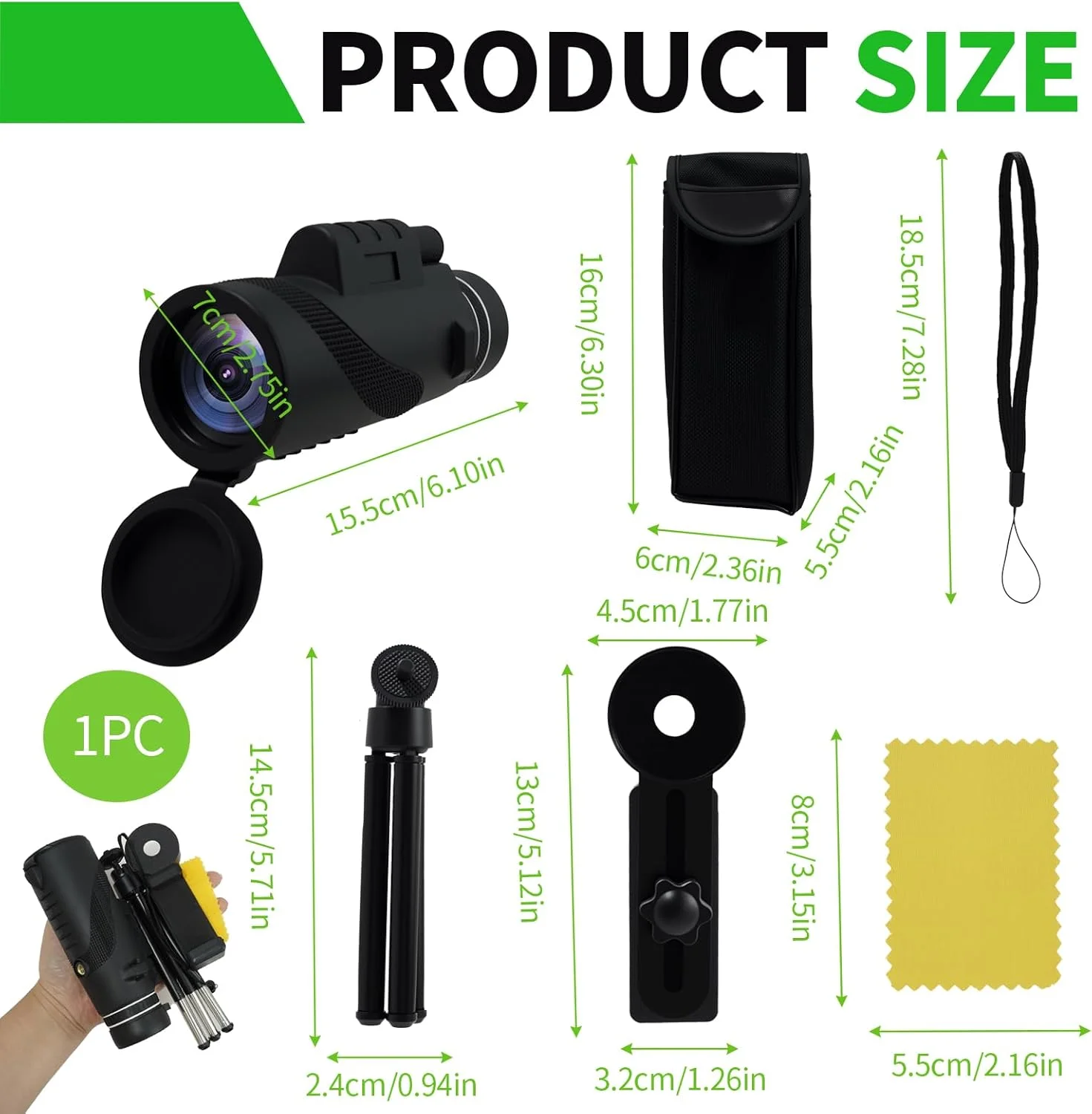 تلسکوپ تک چشمی قدرتمند برای بزرگسالان، تلسکوپ تک چشمی 10x42 به همراه نگهدارنده تلفن همراه و سه پایه، تلسکوپ تک چشمی HD با منشور BAK4 و لنز FMC برای تماشای پرندگان، شکار، پیاده روی و کنسرت ها