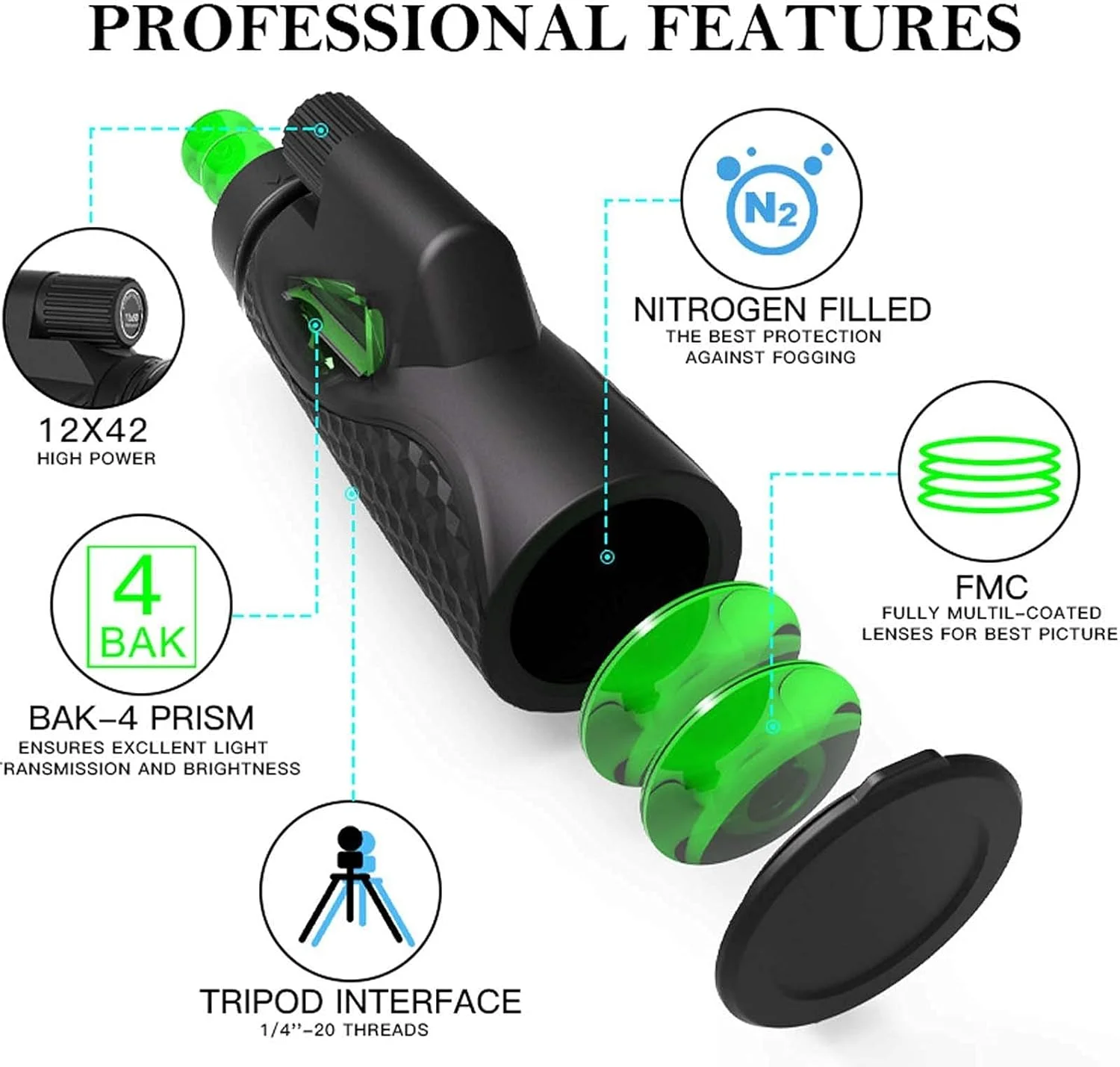 تلسکوپ تک چشمی قدرتمند برای بزرگسالان، 10X42، تک چشمی با کیفیت بالا برای تماشای پرندگان به همراه پایه