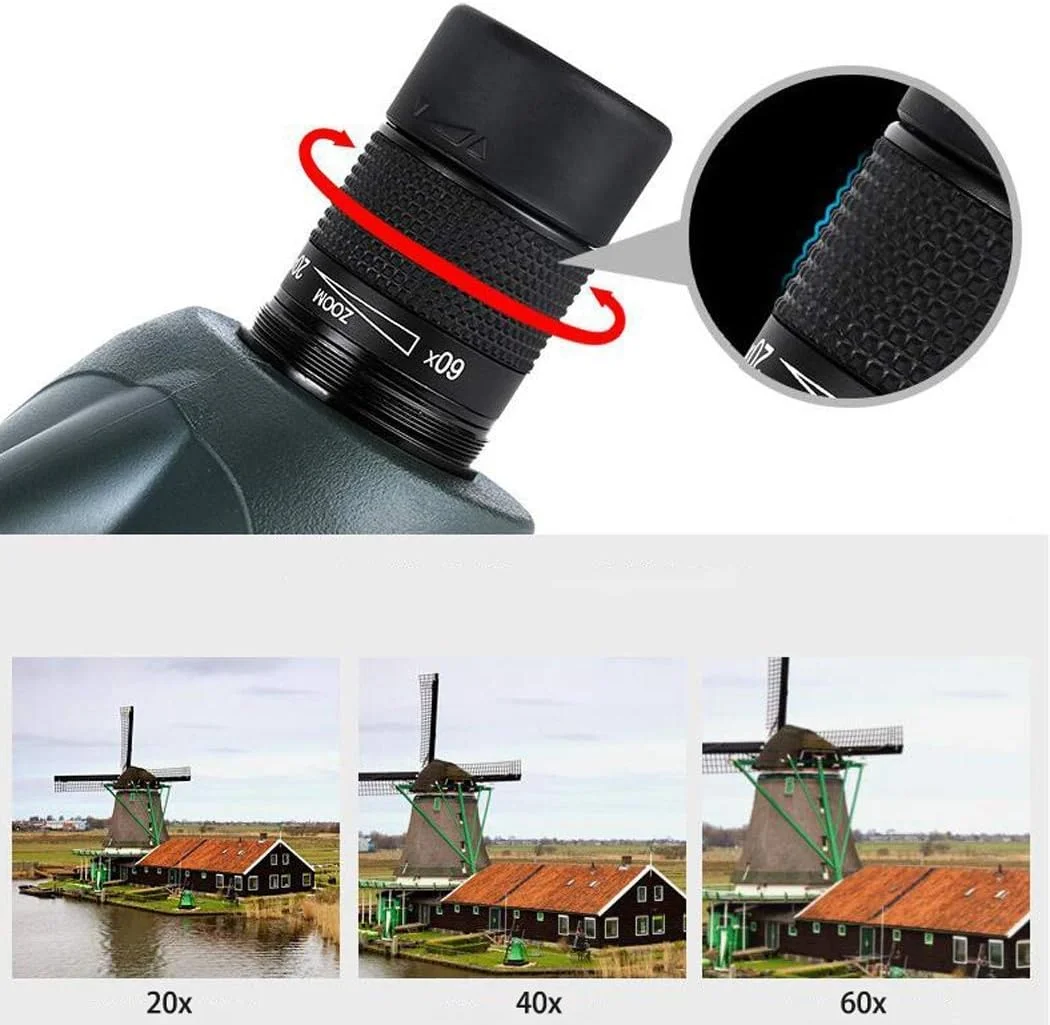 تلسکوپ تک چشمی با قدرت بالا برای تماشای پرندگان، زوم 20-60x60 با لنز شیئی بزرگ، منشور ВАК4، تلسکوپ ضد آب با قابلیت اتصال به تلفن همراه به همراه سه پایه بزرگ