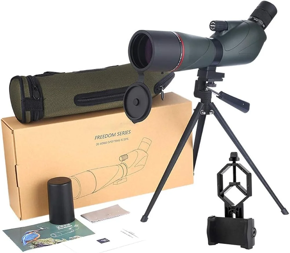 تلسکوپ تک چشمی با قدرت بالا برای تماشای پرندگان، زوم 20-60x60 با لنز شیئی بزرگ، منشور ВАК4، تلسکوپ ضد آب با قابلیت اتصال به تلفن همراه به همراه سه پایه بزرگ