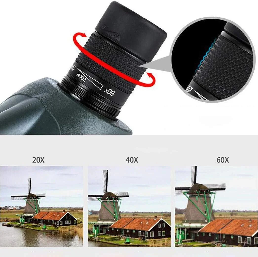 تلسکوپ تک چشمی با قدرت بالا برای تماشای پرندگان، زوم 20-60x80 با لنز شیئی بزرگ، منشور ВАК4، تلسکوپ ضد آب با قابلیت اتصال به تلفن همراه به همراه سه پایه بزرگ