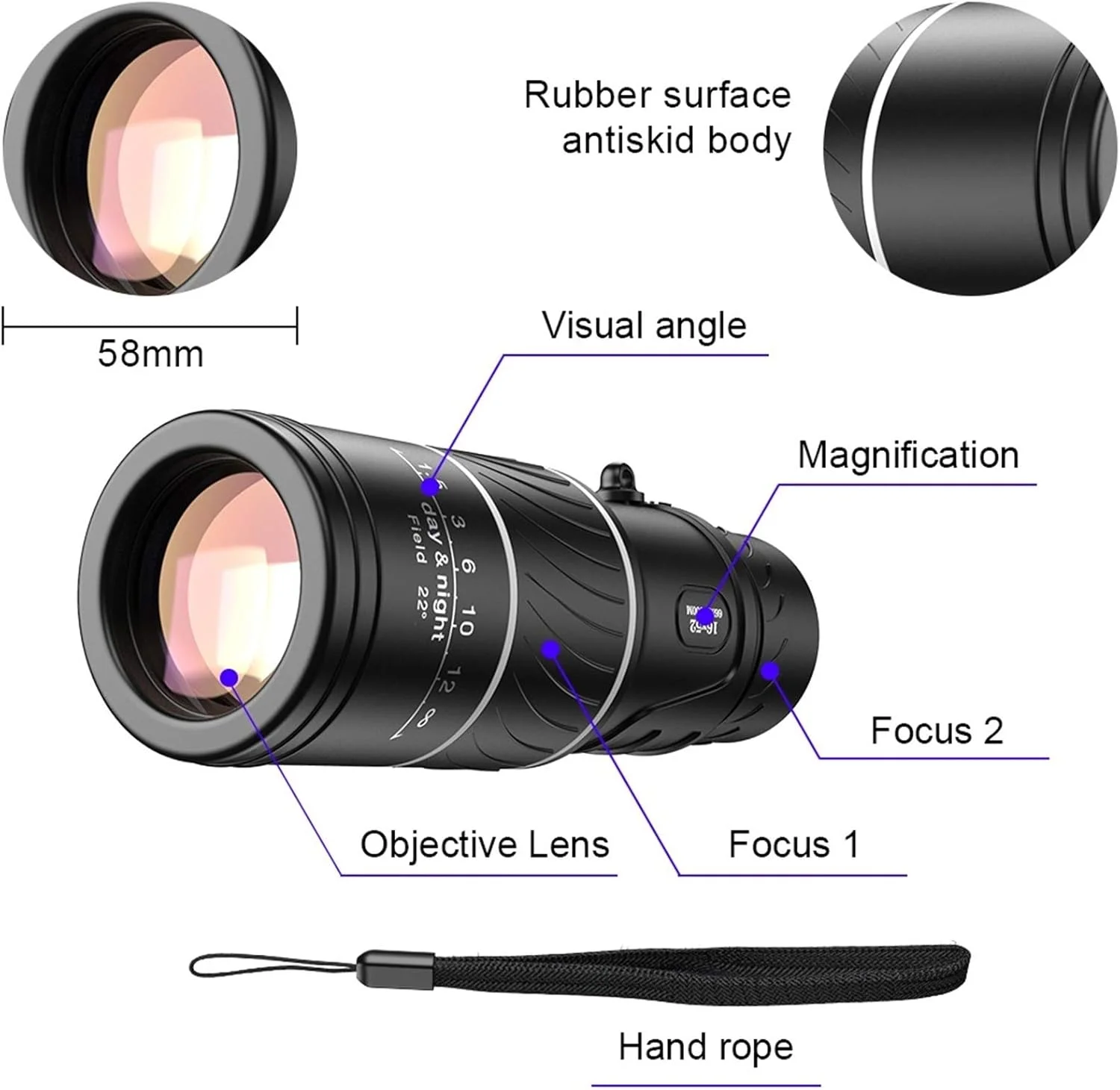 تلسکوپ تک چشمی قدرتمند قابل حمل 16X52 با فوکوس دوگانه برای کمپینگ، کنسرت ها، تلسکوپ فضای باز برای تماشای پرندگان، مسافرت در فضای باز، مشکی