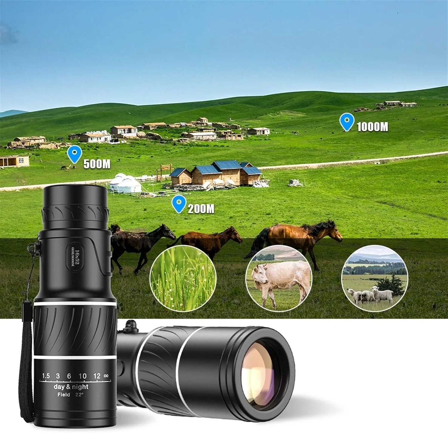 تلسکوپ تک چشمی قدرتمند قابل حمل 16X52 با فوکوس دوگانه برای کمپینگ، کنسرت ها، تلسکوپ فضای باز برای تماشای پرندگان، مسافرت در فضای باز، مشکی