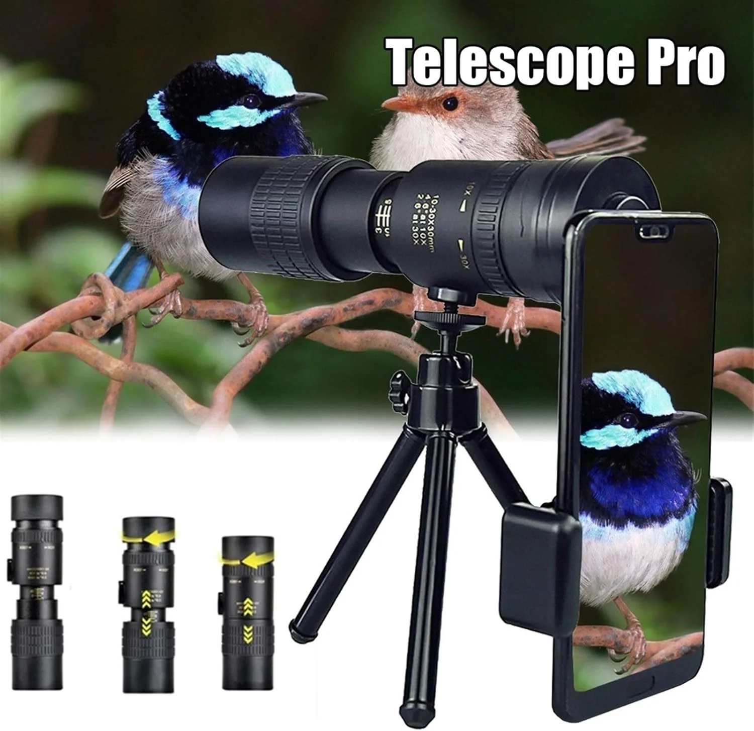 تلسکوپ تک چشمی قابل حمل 4K 10-300X40MM تلسکوپ زوم تک چشمی دوربین شکاری تلسکوپ جیبی برای تلفن هوشمند عکس گرفتن برای تماشای پرندگان در فضای باز