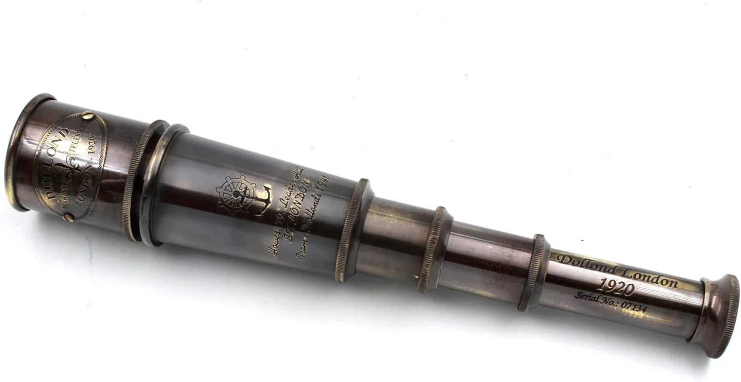 تلسکوپ دریایی برنجی عتیقه مدل ۱۹۲۰ - دوربین تک چشمی دزدان دریایی دستی با کیف چرمی خالص معتبر - تک چشمی دریایی برای کلکسیونرها، پیاده روی، دکور هدیه - ۱۵ اینچ قابل گسترش