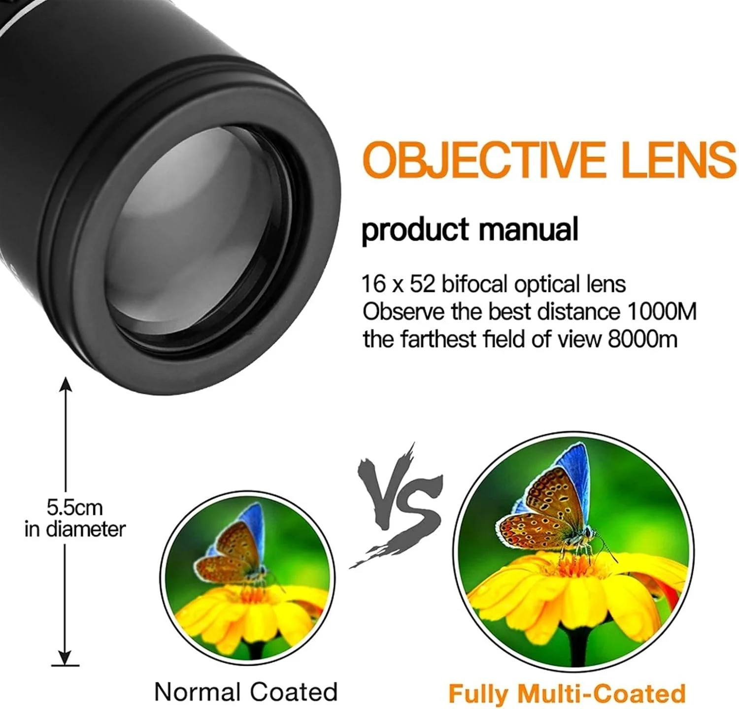 تلسکوپ تک چشمی قابل حمل 16X52 با وضوح بالا، تلسکوپ دو کانونی دستی مناسب برای سفر، کمپینگ، تماشای پرندگان و مسافرت های خارج از منزل، مشکی