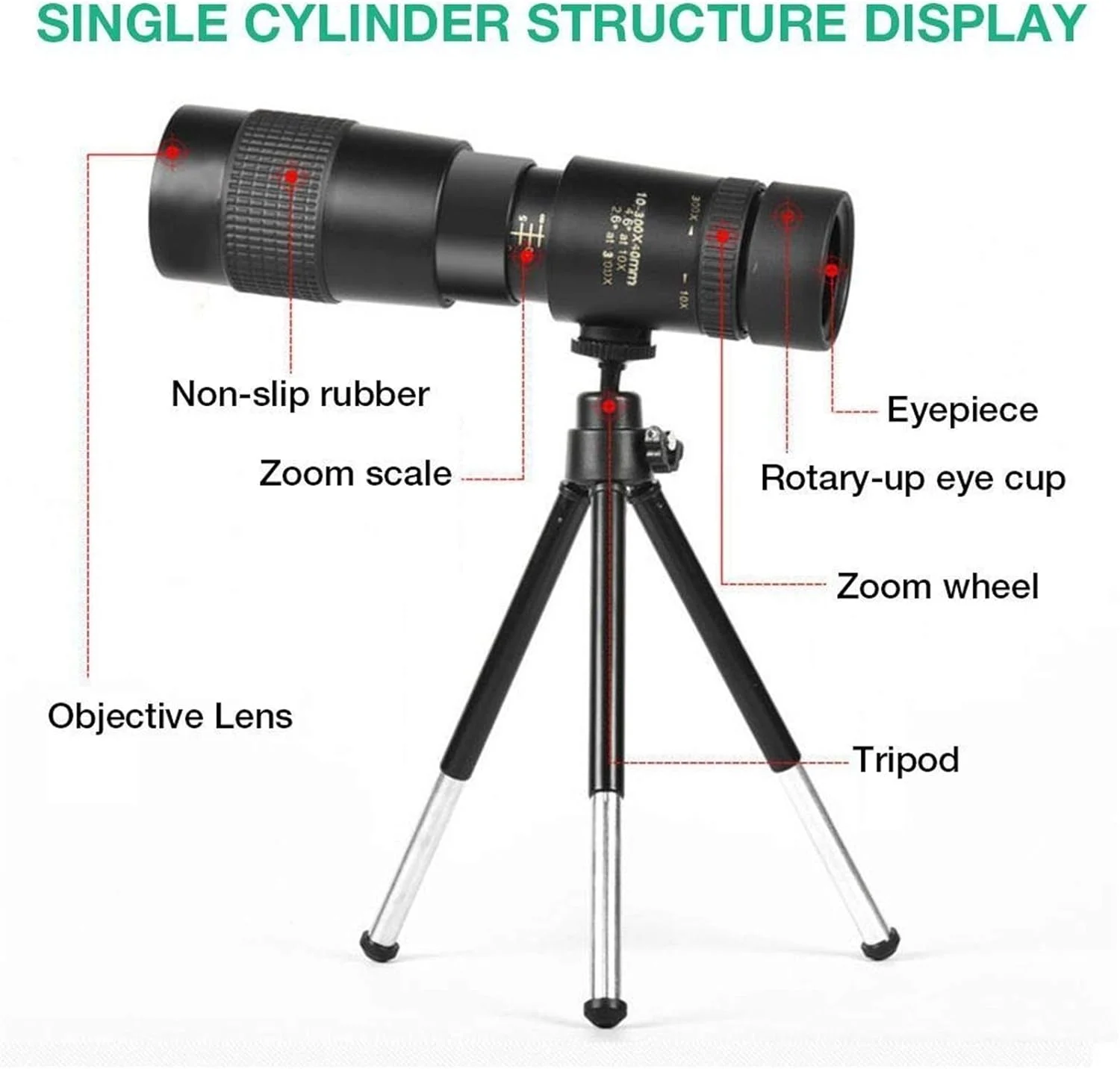 تلسکوپ تک چشمی قابل حمل 4K 10-300X40MM تلسکوپ زوم تک چشمی دوربین شکاری تلسکوپ جیبی برای تلفن هوشمند عکس گرفتن برای تماشای پرندگان در فضای باز