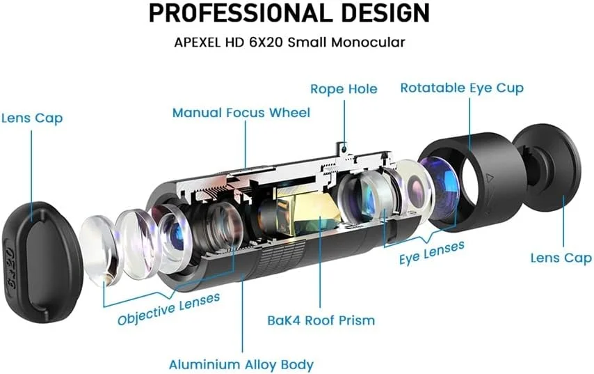 تلسکوپ تک چشمی 6X20 با منشور BAK4، تلسکوپ جیبی قدرتمند و جمع و جور برای کمپینگ و مسافرت