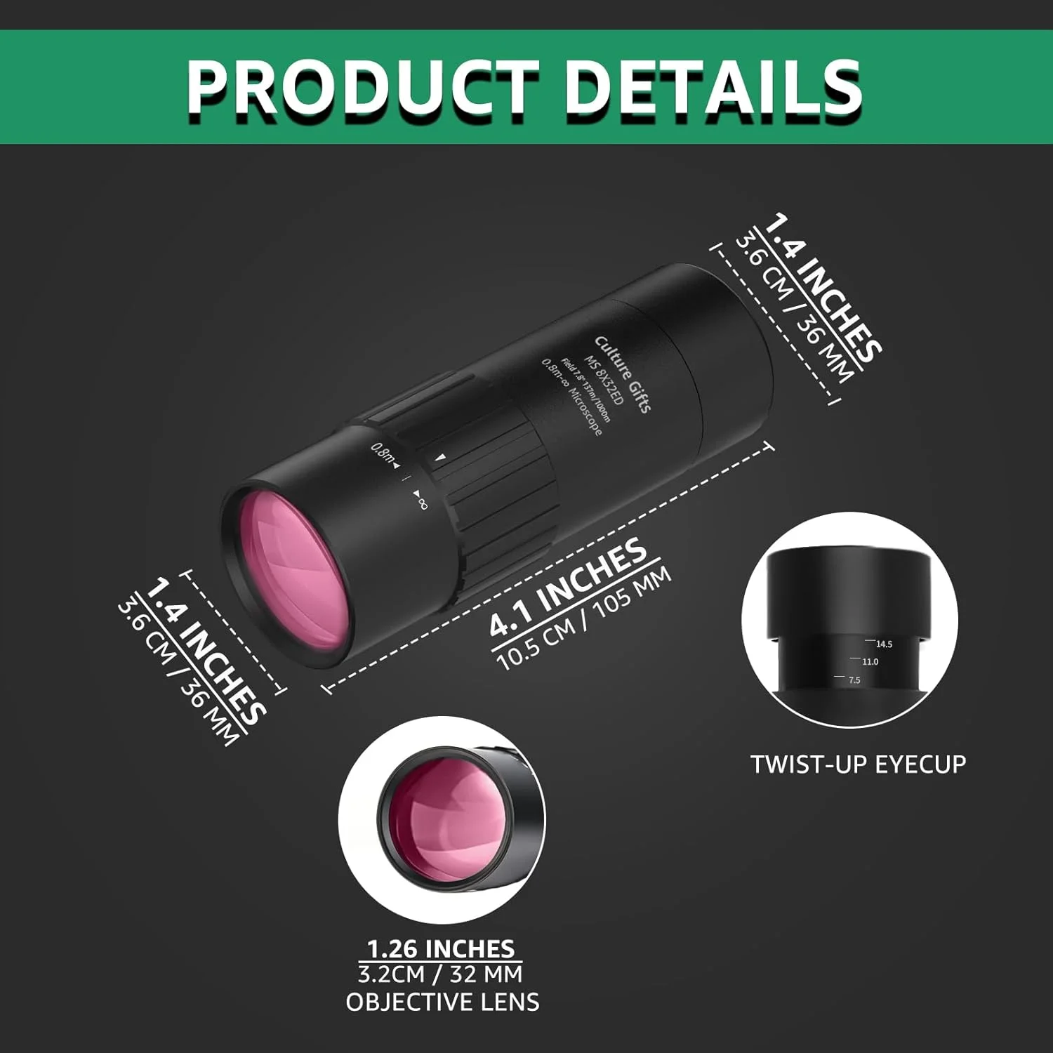 تکچشمی کوچک 8x32 میلیمتری با قدرت بالا و دید واضح، فوکوس آسان، لنز چندلایه، BAK-4، چشمی ED 21 میلیمتری، چشمی چرخشی، تلسکوپ تکچشمی جمعوجور با بند دستی برای تماشا پرندگان و شکار تکچشمی کوچک 8x32 میلیمتری با قدرت بالا و دید واضح، فوکوس آسان، لنز چندلایه، BAK-4، چشمی ED 21 میلیمتری، چشمی چرخشی، تلسکوپ تکچشمی جمعوجور با بند دستی برای تماشا پرندگان و شکار