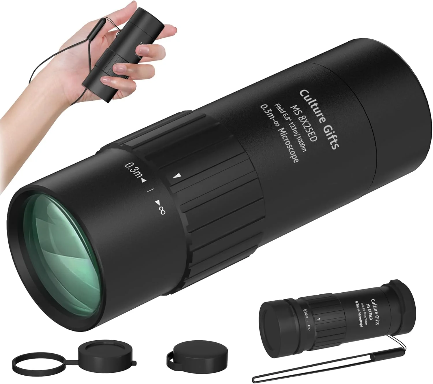 تک چشمی مینی 8x25 میلی‌متری برای بزرگسالان، دید واضح و قدرت بالا، فوکوس آسان، لنز چند لایه، BAK-4، چشمی ED 18 میلی‌متری، چشمی چرخشی، تلسکوپ تک چشمی جمع و جور با بند دستی برای تماشا پرندگان و شکار