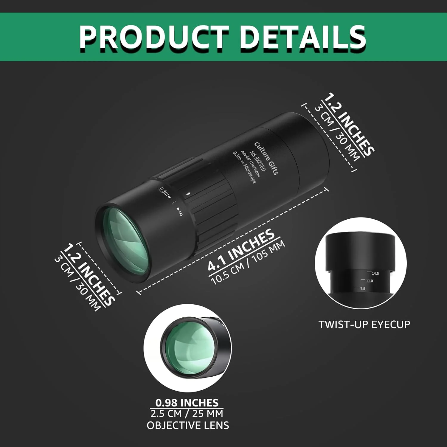 تک چشمی مینی 8x25 میلی‌متری برای بزرگسالان، دید واضح و قدرت بالا، فوکوس آسان، لنز چند لایه، BAK-4، چشمی ED 18 میلی‌متری، چشمی چرخشی، تلسکوپ تک چشمی جمع و جور با بند دستی برای تماشا پرندگان و شکار