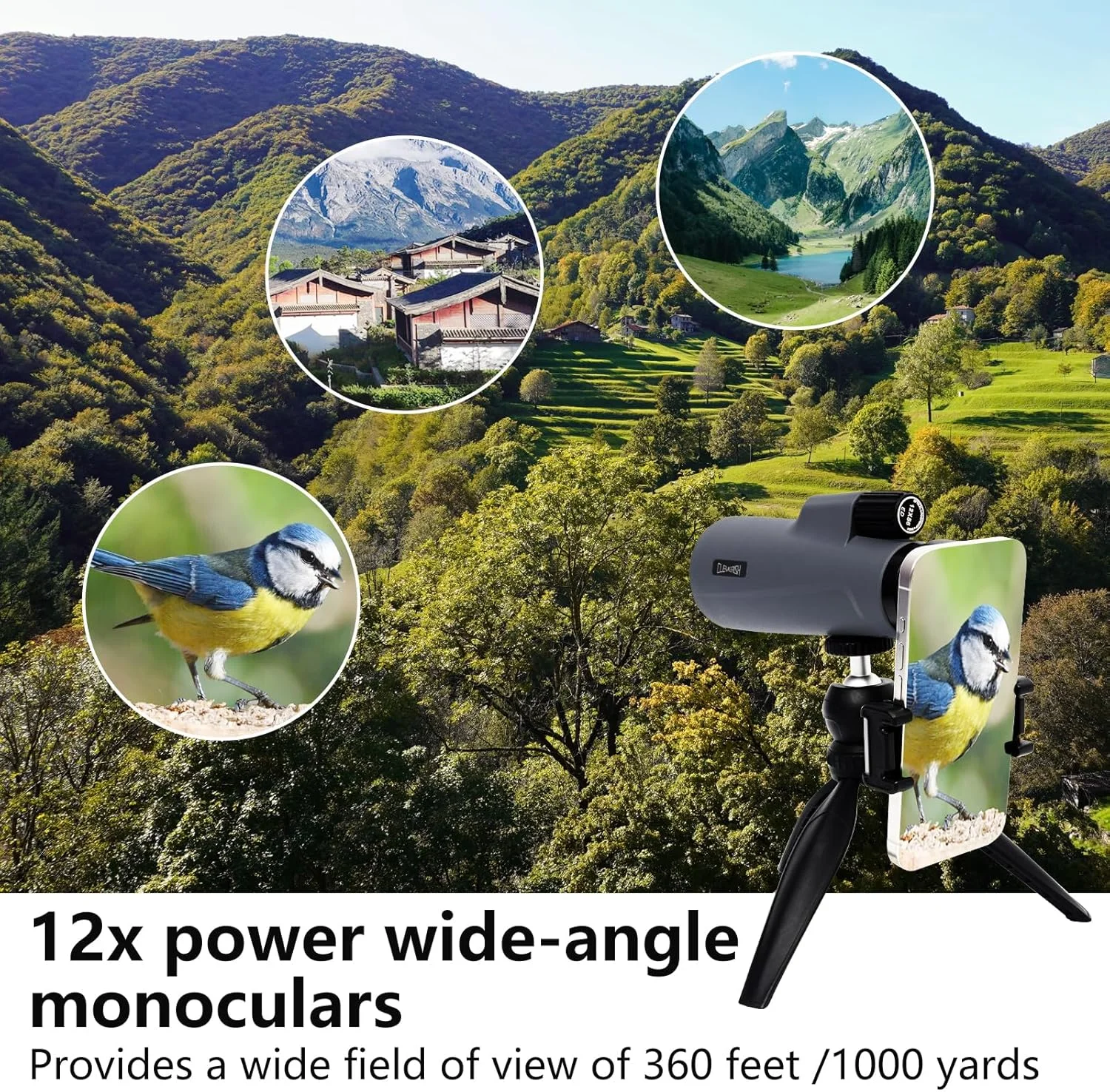 تک چشمی قدرتمند 40*60 برای بزرگسالان، کیف مسافرتی سه پایه با آداپتور تلفن هوشمند، منشور BAK-4، لنز FMC فوق العاده شفاف برای تماشای پرندگان، شکار، مسافرت، پیاده روی. طراحی شده در ایالات متحده