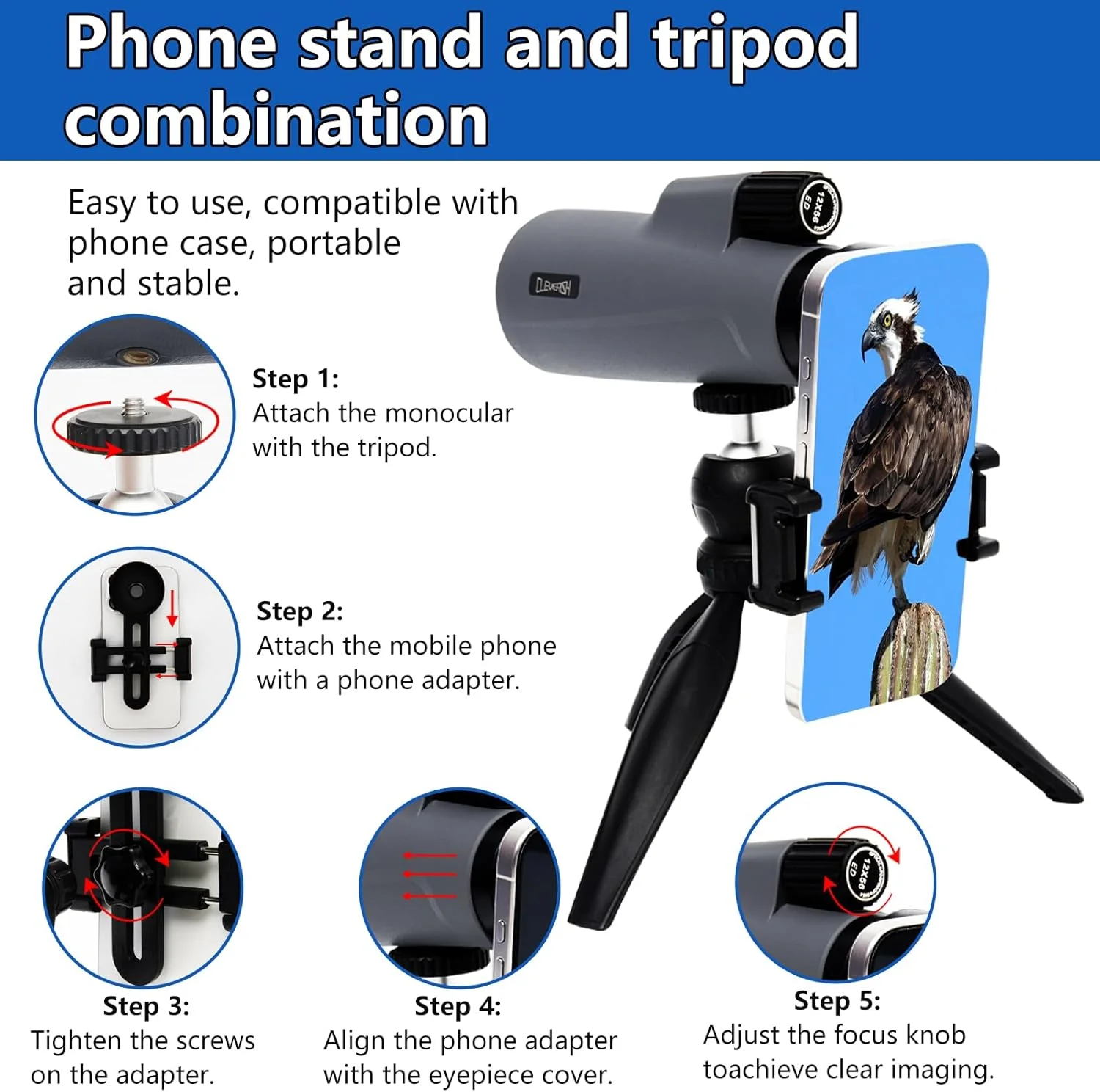 تک چشمی قدرتمند 40*60 برای بزرگسالان، کیف مسافرتی سه پایه با آداپتور تلفن هوشمند، منشور BAK-4، لنز FMC فوق العاده شفاف برای تماشای پرندگان، شکار، مسافرت، پیاده روی. طراحی شده در ایالات متحده