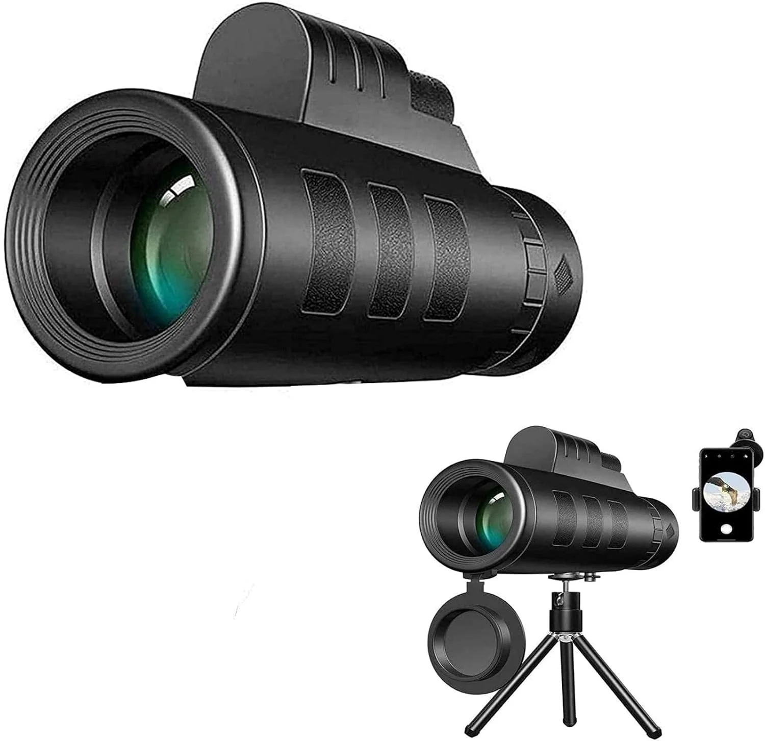 تلسکوپ تک چشمی شفاف با نگهدارنده تلفن هوشمند و سه پایه قابل تنظیم برای تماشای پرندگان، پیاده روی و کمپینگ