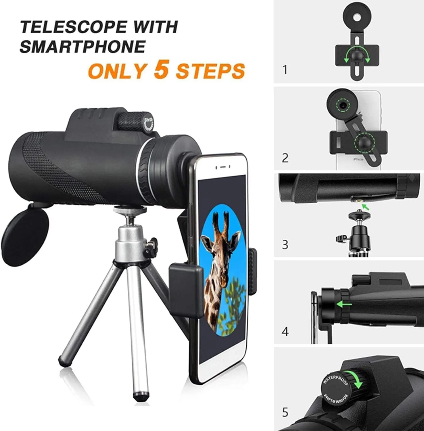 تلسکوپ تک چشمی 40×60 BAK-4 HD با قدرت بالا به همراه هولدر و سه پایه، زوم ضد آب، دید در شب با نور کم، مناسب برای تماشای پرندگان