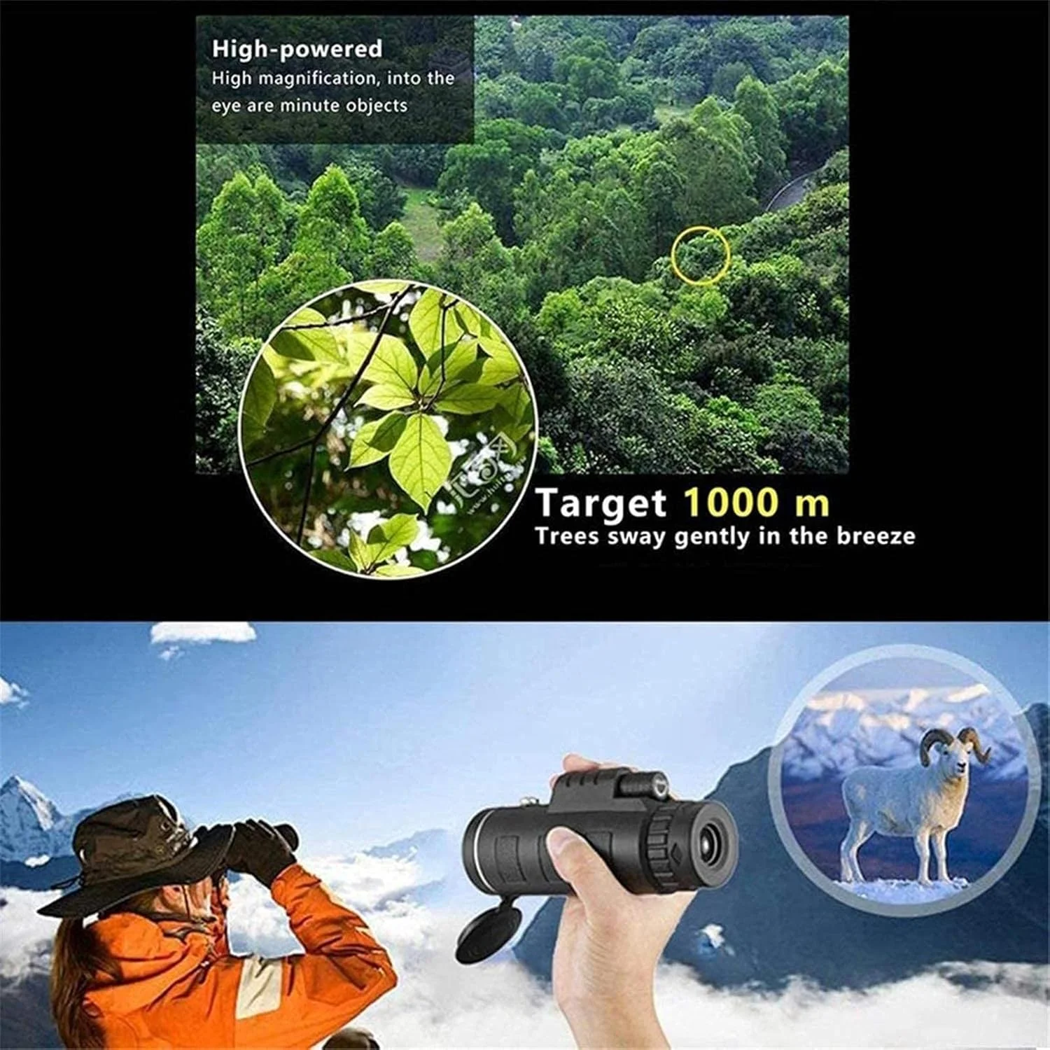 تلسکوپ تک چشمی شفاف با نگهدارنده تلفن هوشمند و سه پایه قابل تنظیم برای تماشای پرندگان، پیاده روی و کمپینگ