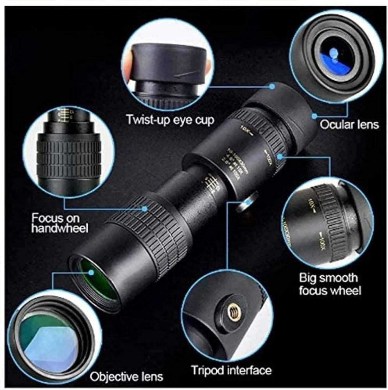 تلسکوپ تک چشمی زوم سوپر تله فوتو قابل حمل 4k 10-300x40mm با قدرت بالا، لنز تلسکوپ سبک وزن HD با منشور فوکوس 1 - -30 * 30 به همراه سه پایه و گیره q1