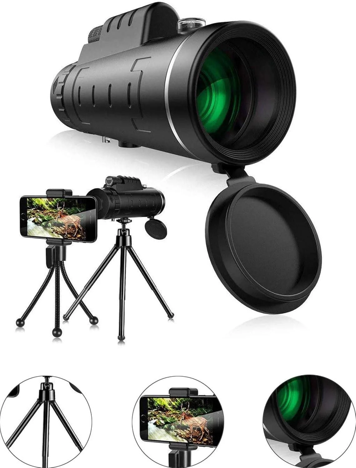 تلسکوپ تک چشمی سوپر پاور 40X60 HD با نگهدارنده تلفن، سه پایه تلسکوپی، ضد آب، منشور BAK4 شفاف برای تماشای پرندگان، کمپینگ و مسابقات تلسکوپ تک چشمی سوپر پاور 40X60 HD با نگهدارنده تلفن، سه پایه تلسکوپی، ضد آب، منشور BAK4 شفاف برای تماشای پرندگان، کمپینگ و مسابقات