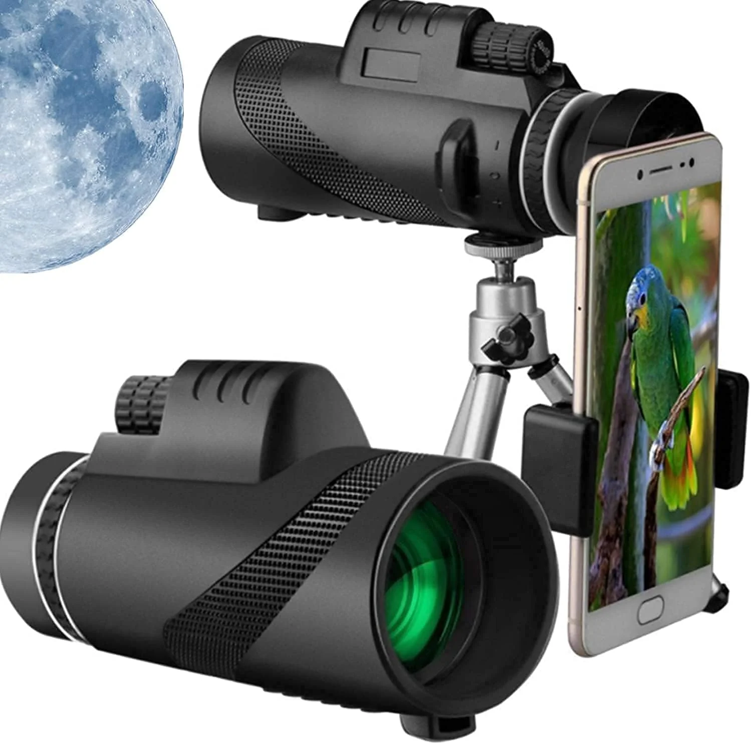 تک چشمی 40x60 مدل ارتقا یافته 2021، تلسکوپ تک چشمی با قدرت بالا و کیفیت HD به همراه هولدر موبایل و سه پایه، طراحی لنز منشوری BAK4