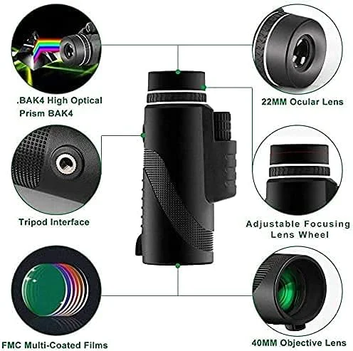 تک چشمی 40x60 مدل ارتقا یافته 2021، تلسکوپ تک چشمی با قدرت بالا و کیفیت HD به همراه هولدر موبایل و سه پایه، طراحی لنز منشوری BAK4