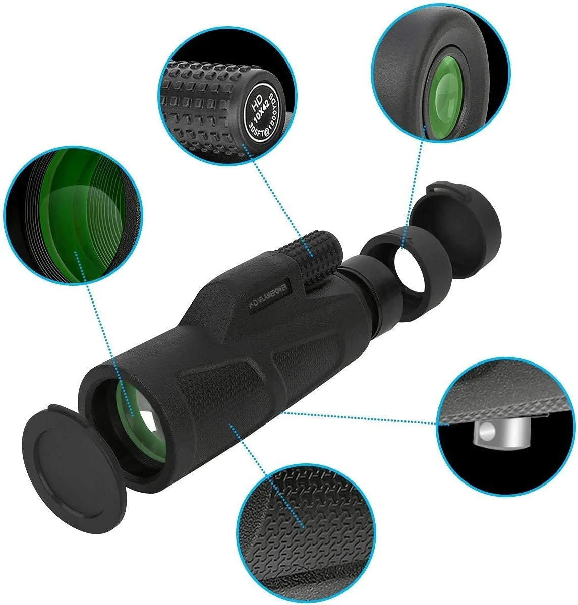 تلسکوپ تک چشمی 10x42 با قدرت بالا، جمع و جور، قابل حمل، ضد آب، ضد مه و ضد ضربه به همراه بند دستی برای بزرگسالان، کودکان، کمپینگ، پیاده روی و تماشای پرندگان