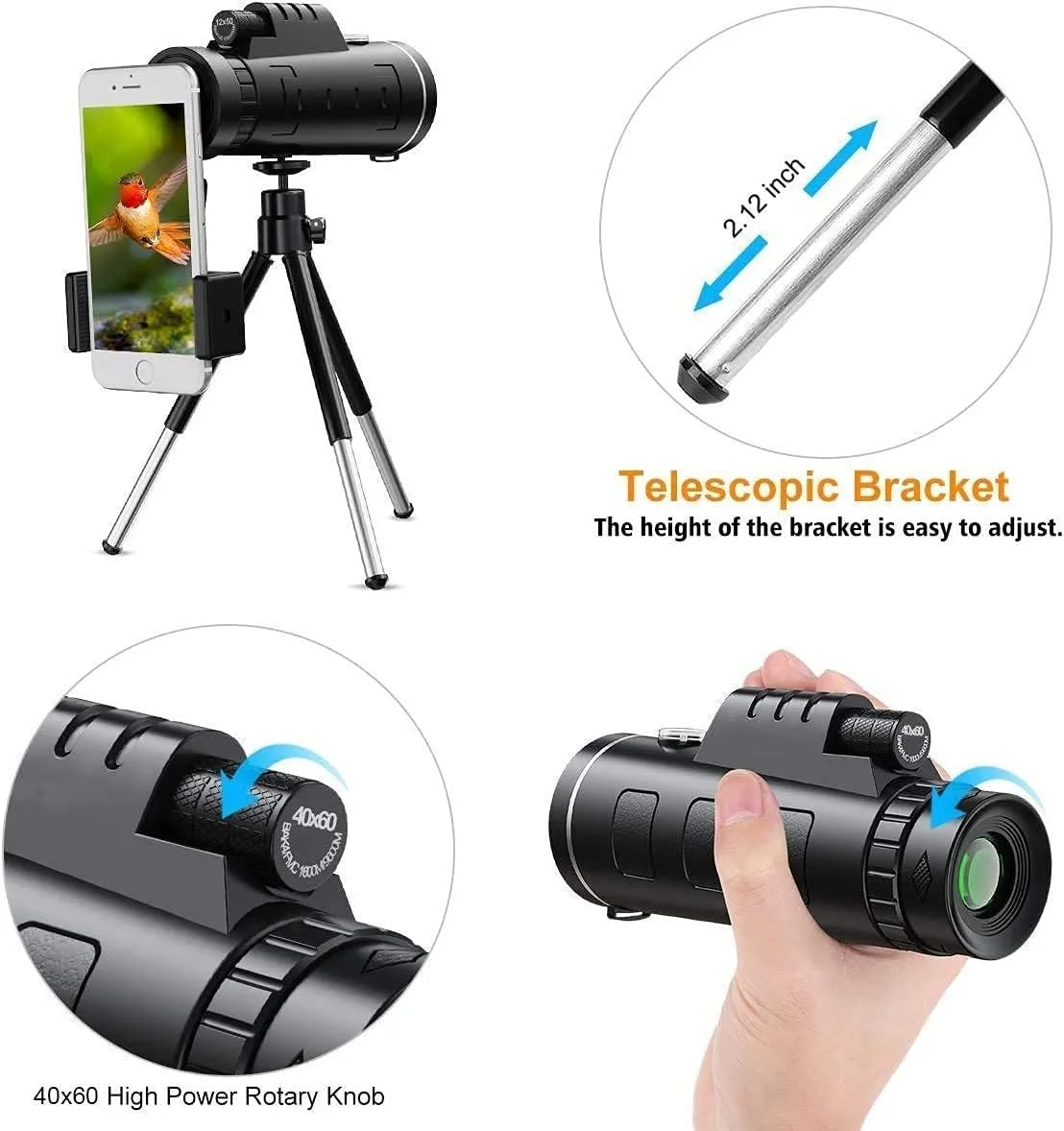 تلسکوپ تک چشمی 40x60 با قدرت بالا HD به همراه نگهدارنده تلفن هوشمند و سه پایه برای بزرگسالان، ضد آب با منشور بادوام و شفاف و فوکوس دوگانه برای تماشای پرندگان و کمپینگ