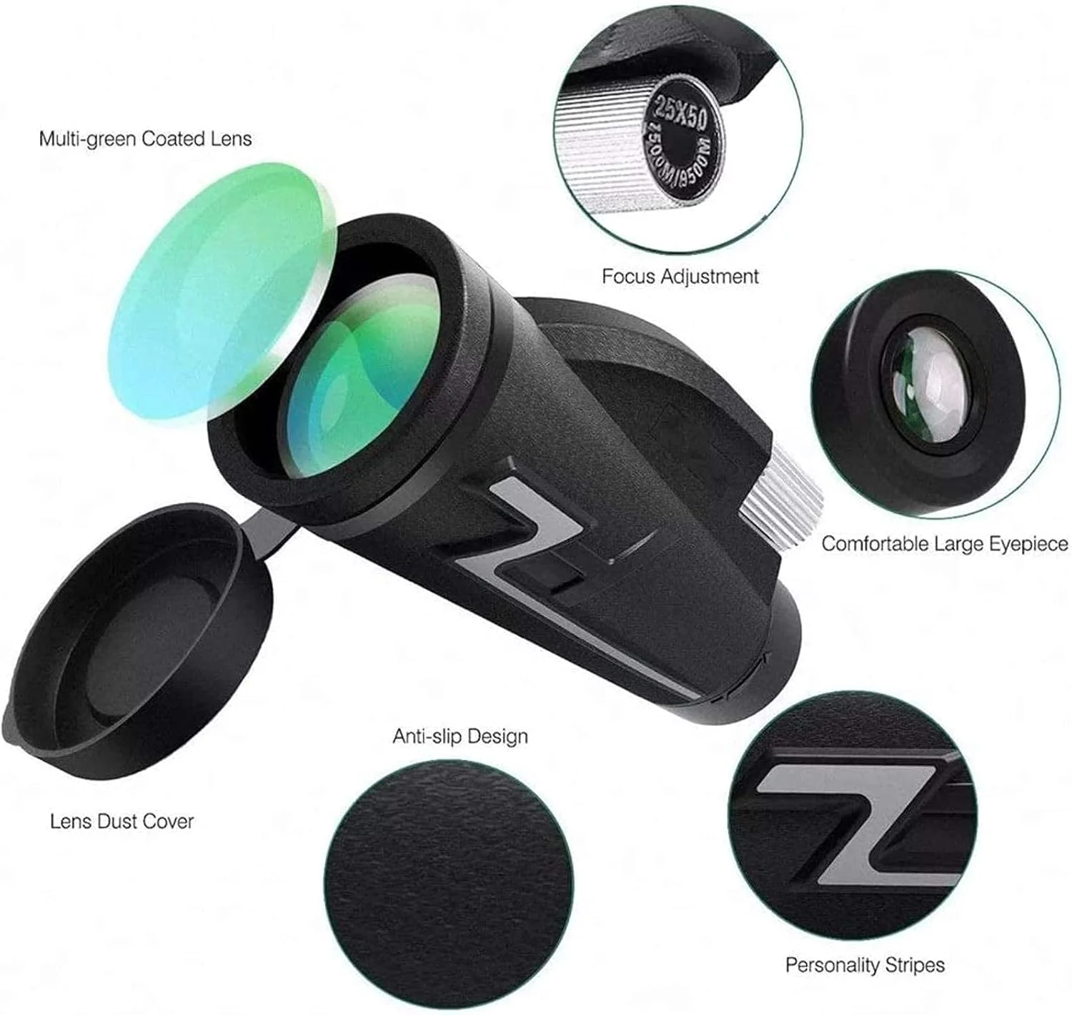 تلسکوپ تک چشمی HD 25x50 مناسب سفر و فضای باز با لنز اپتیک BAK4 به همراه گیره و سه پایه (مشکی 160x55 میلی‌متر)