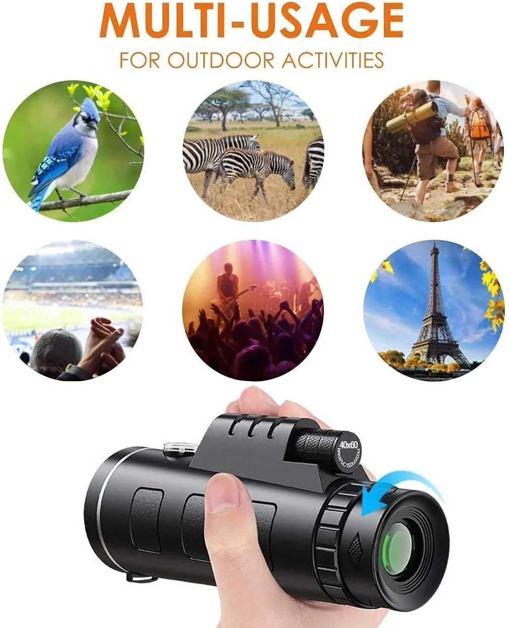 تلسکوپ تک چشمی 40x60 با قدرت بالا HD به همراه نگهدارنده تلفن هوشمند و سه پایه برای بزرگسالان، ضد آب با منشور بادوام و شفاف و فوکوس دوگانه برای تماشای پرندگان و کمپینگ