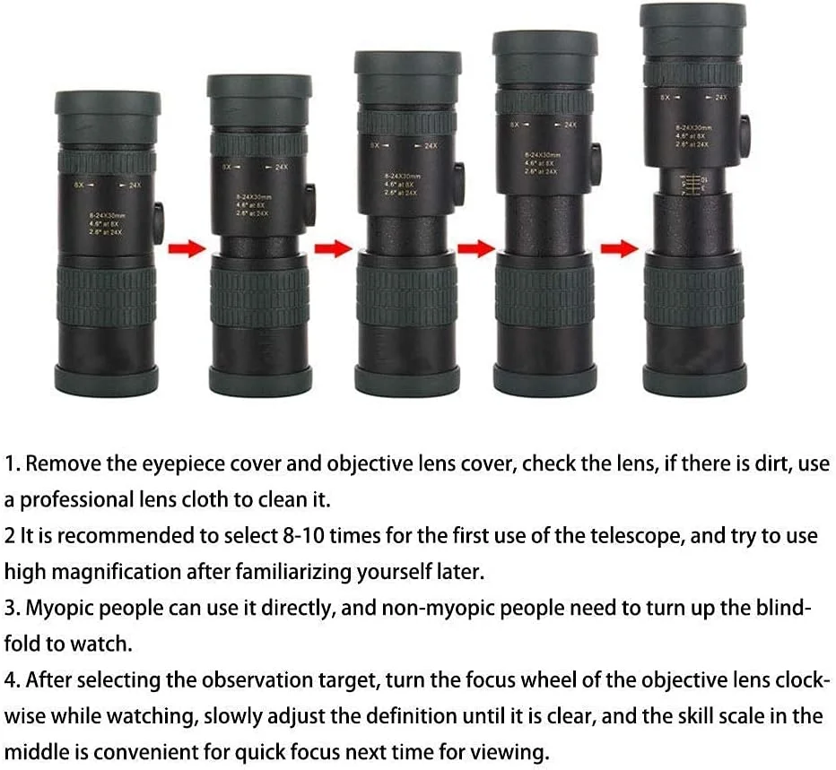 تلسکوپ مونوکولار زوم 8-24x30، مونوکولار فشرده با منشور BAK4 دید در شب و لنز FMC، به همراه آداپتور تلفن هوشمند و سه پایه، مناسب بزرگسالان، کودکان، تماشای پرندگان، مسافرت و دیدن مناظر تلسکوپ مونوکولار زوم 8-24x30، مونوکولار فشرده با منشور BAK4 دید در شب و لنز FMC، به همراه آداپتور تلفن هوشمند و سه پایه، مناسب بزرگسالان، کودکان، تماشای پرندگان، مسافرت و دیدن مناظر