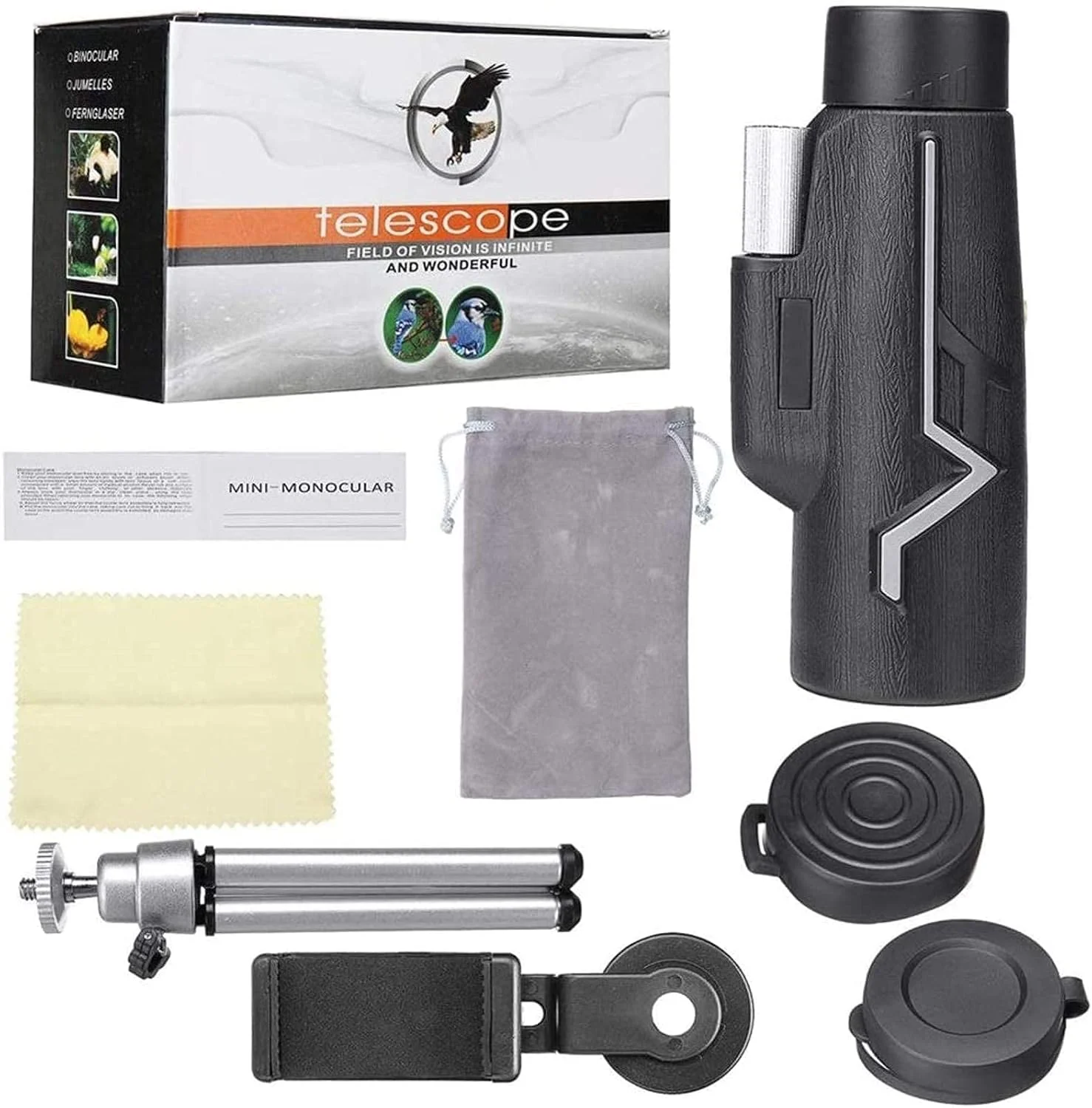 تلسکوپ تک چشمی HD 25x50 مناسب سفر و فضای باز با لنز اپتیک BAK4 به همراه گیره و سه پایه (مشکی 160x55 میلی‌متر)