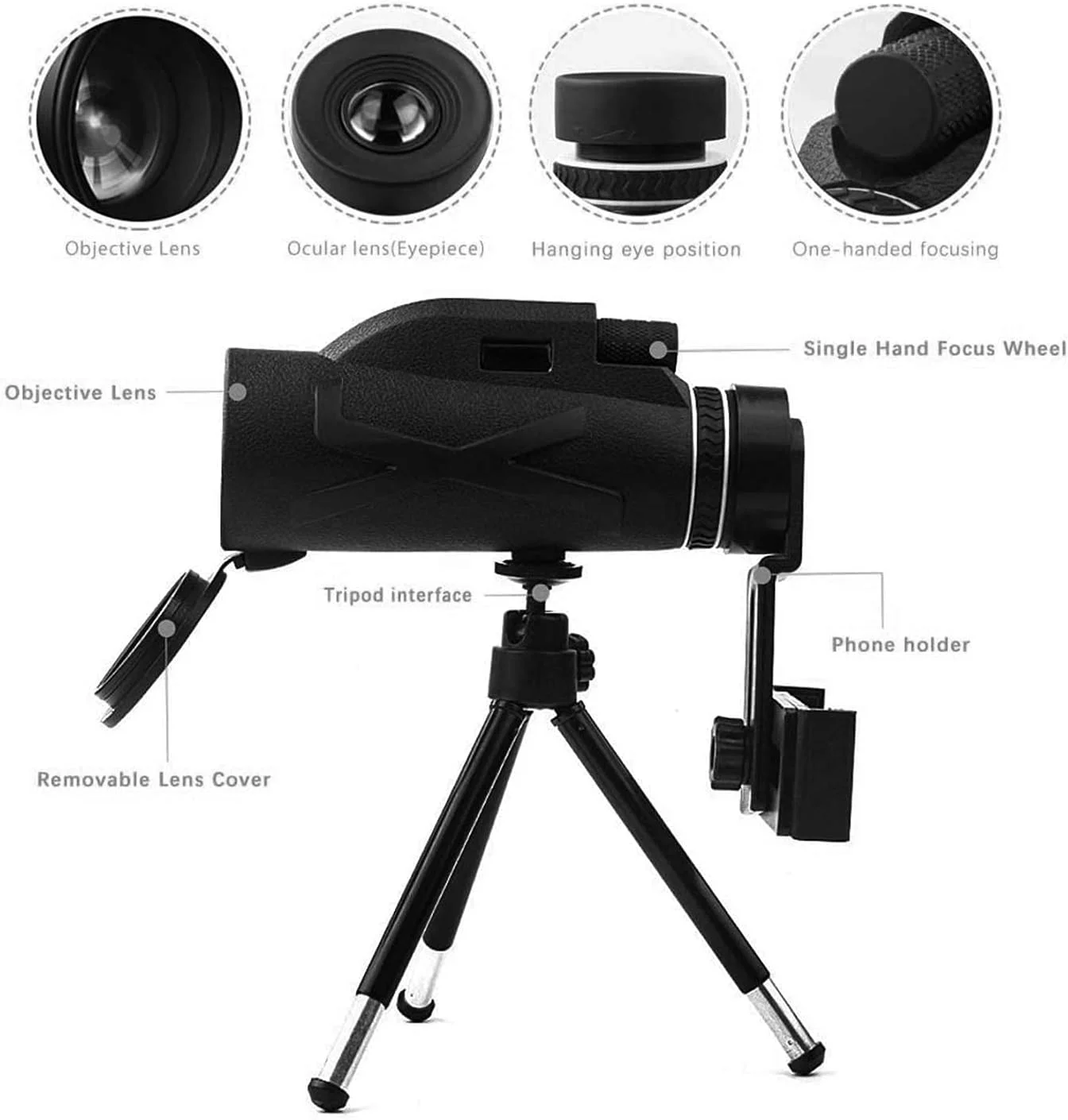 تلسکوپ تک چشمی تلفن همراه با منشور BAK4، بزرگنمایی 80x100 به همراه هولدر تلفن و سه پایه، مناسب برای کمپینگ، مسافرت و تماشای پرندگان تلسکوپ تک چشمی تلفن همراه با منشور BAK4، بزرگنمایی 80x100 به همراه هولدر تلفن و سه پایه، مناسب برای کمپینگ، مسافرت و تماشای پرندگان