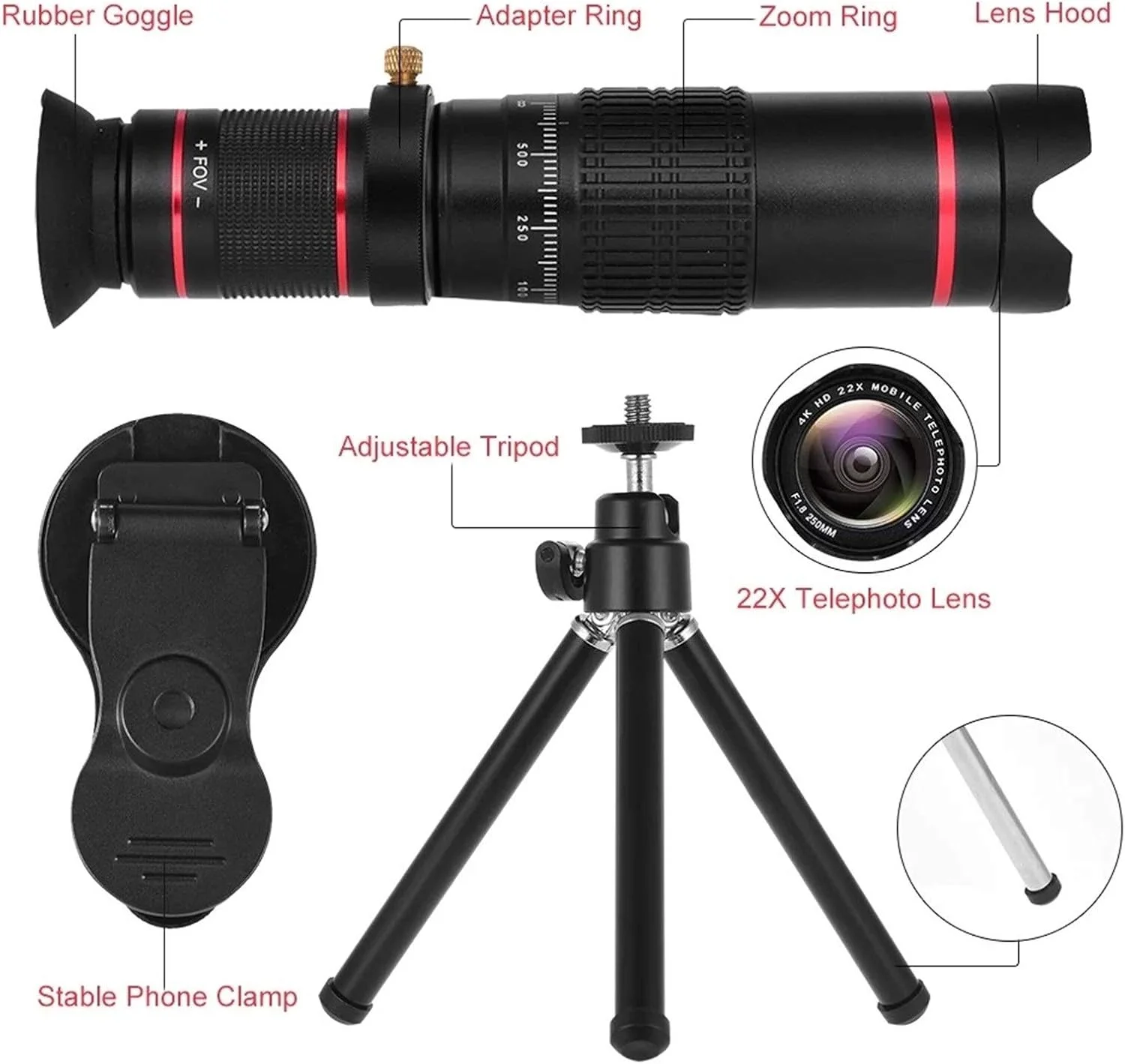 تلسکوپ تک چشمی قابل حمل با گیره و لنز دوربین تلفن همراه، لنز تله فوتو با زوم 22X، تلسکوپ زوم تلفن همراه، لنز تلفن هوشمند قابل تنظیم مناسب برای شکار حیات وحش تلسکوپ تک چشمی قابل حمل با گیره و لنز دوربین تلفن همراه، لنز تله فوتو با زوم 22X، تلسکوپ زوم تلفن همراه، لنز تلفن هوشمند قابل تنظیم مناسب برای شکار حیات وحش