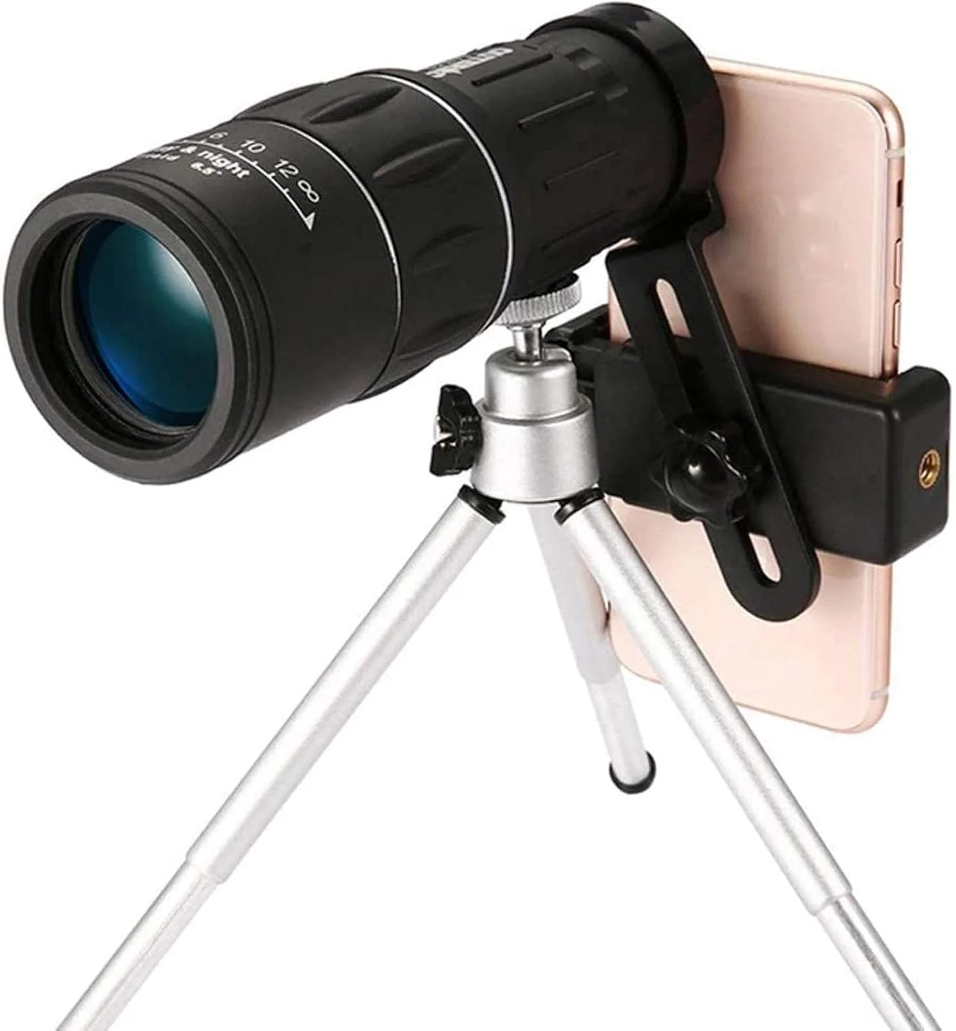 تلسکوپ تک چشمی 16X52 زوم اپتیکال HD به همراه سه پایه تاشو و نگهدارنده تلفن هوشمند، تلسکوپ تک چشمی با فوکوس دوگانه برای تماشای حیات وحش، پرندگان، کمپینگ و مسافرت