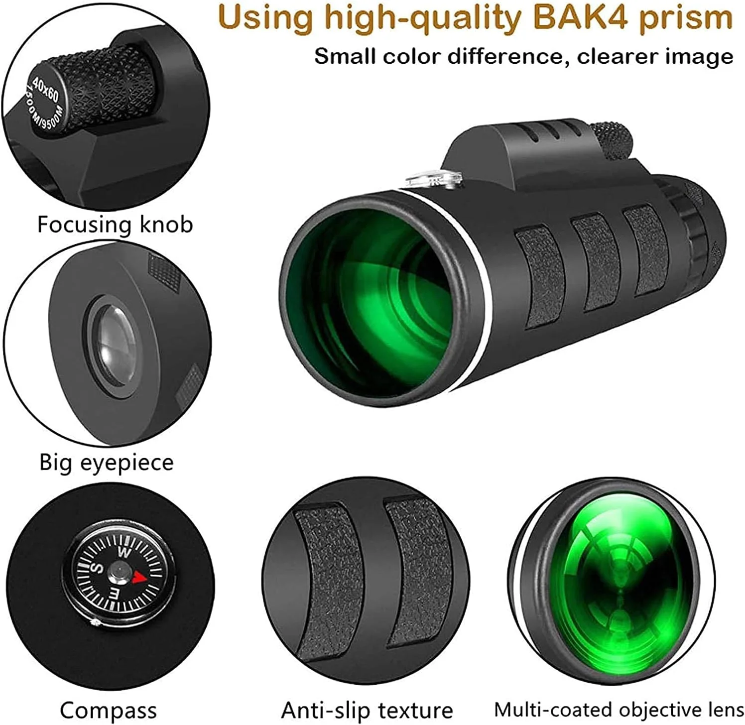 تلسکوپ تک چشمی بزرگنمایی برای بزرگسالان، مناسب تماشای پرندگان 40x60 HD با قدرت بالا، به همراه نگهدارنده و سه پایه، منشور BAK4، مناسب برای پیاده روی، کمپینگ، مسافرت و حیات وحش