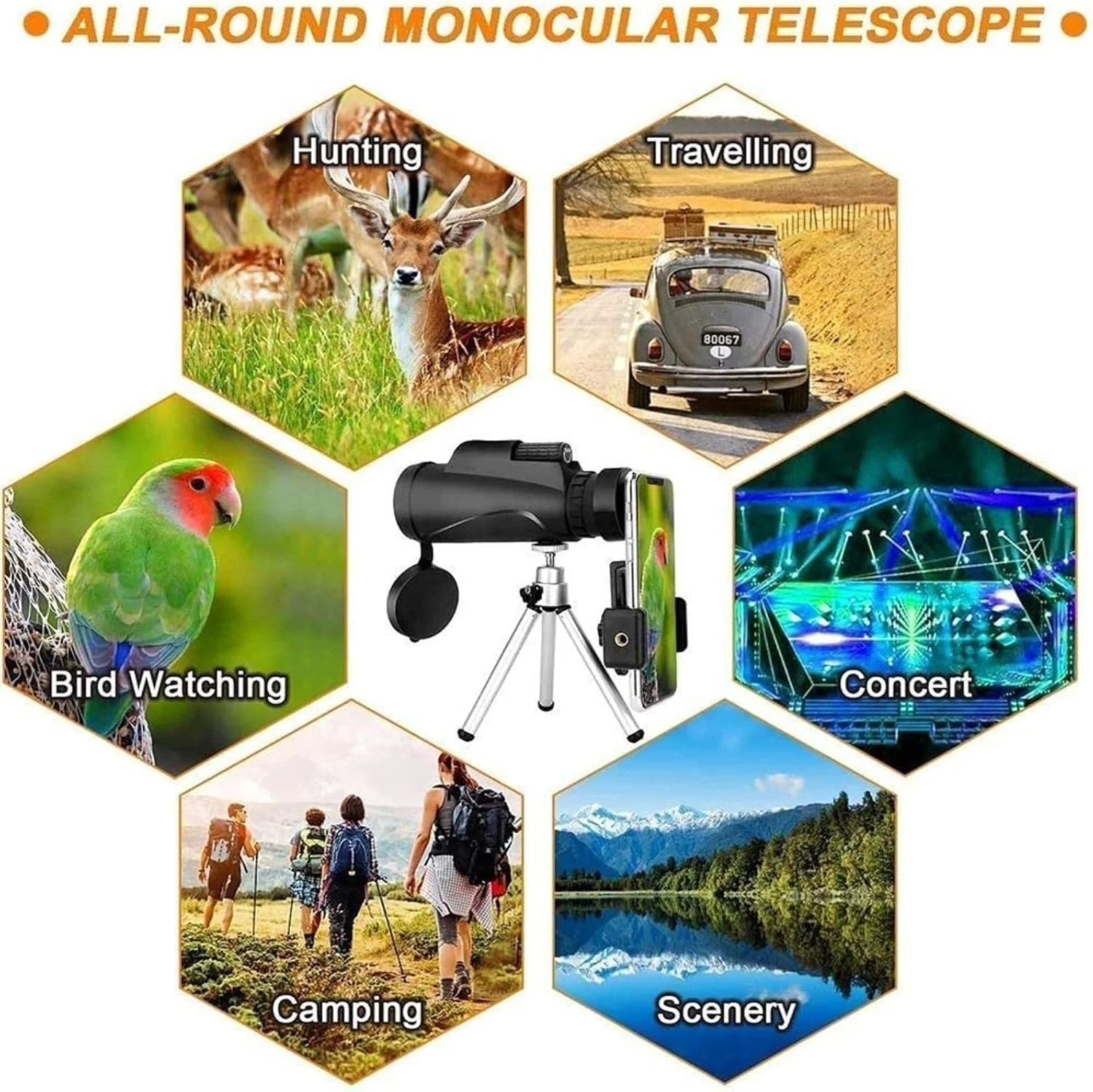 تلسکوپ تک چشمی با کیفیت بالا و نگهدارنده سریع تلفن هوشمند - تک چشمی ضد آب 60x40 - منشور BAK4 برای تماشای حیات وحش، پرندگان، کمپینگ، مسافرت و مناظر طبیعی
