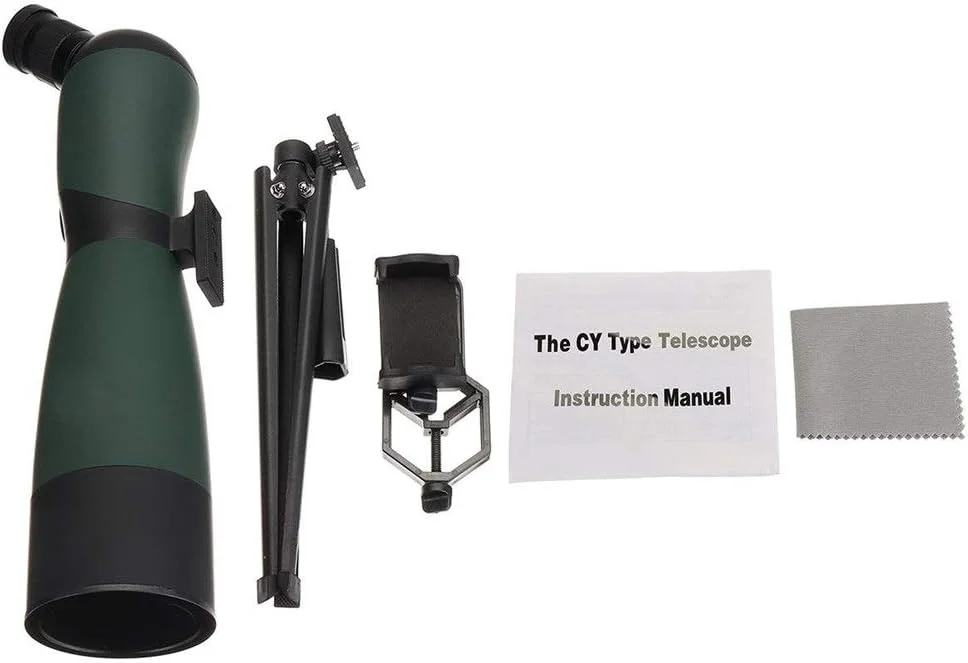 تلسکوپ تک چشمی با کیفیت بالا 25-75x70 زوم اپتیک HD تلسکوپ پرنده نگری با سه پایه و نگهدارنده تلفن همراه مناسب کمپینگ در فضای باز (رنگ: مشکی + سبز، اندازه: 35x9.3x13.5 سانتی متر)