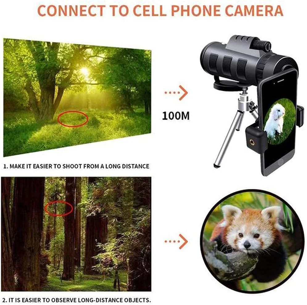 تلسکوپ تک چشمی 40x60 با وضوح بالا، بزرگنمایی 10 برابر، لنز زوم، منشور FMC BAK9 بادوام و شفاف به همراه نگهدارنده گوشی هوشمند و سه پایه تلسکوپ تک چشمی 40x60 با وضوح بالا، بزرگنمایی 10 برابر، لنز زوم، منشور FMC BAK9 بادوام و شفاف به همراه نگهدارنده گوشی هوشمند و سه پایه