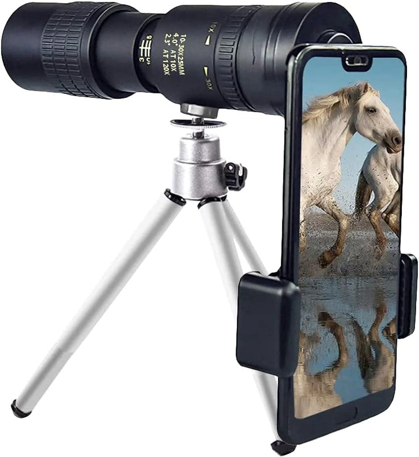 تلسکوپ مونوچشمی زوم سوپر تله فوتو 4K 10-300X40mm، جمع و جور و قابل حمل با نگهدارنده تلفن هوشمند و سه پایه برای تماشای حیات وحش و فعالیت های فضای باز (مشکی)